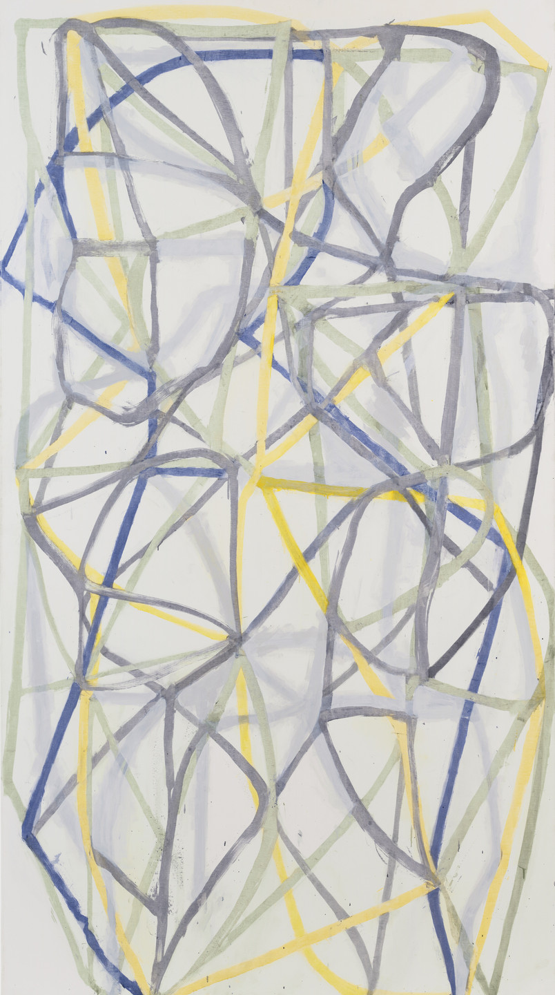 The image contains a series of overlapping lines in yellow, blue, and green on a white background. The lines form curved and straight shapes, intersecting throughout the canvas. This is an AI generated description. To give feedback, email ai@moma.org.