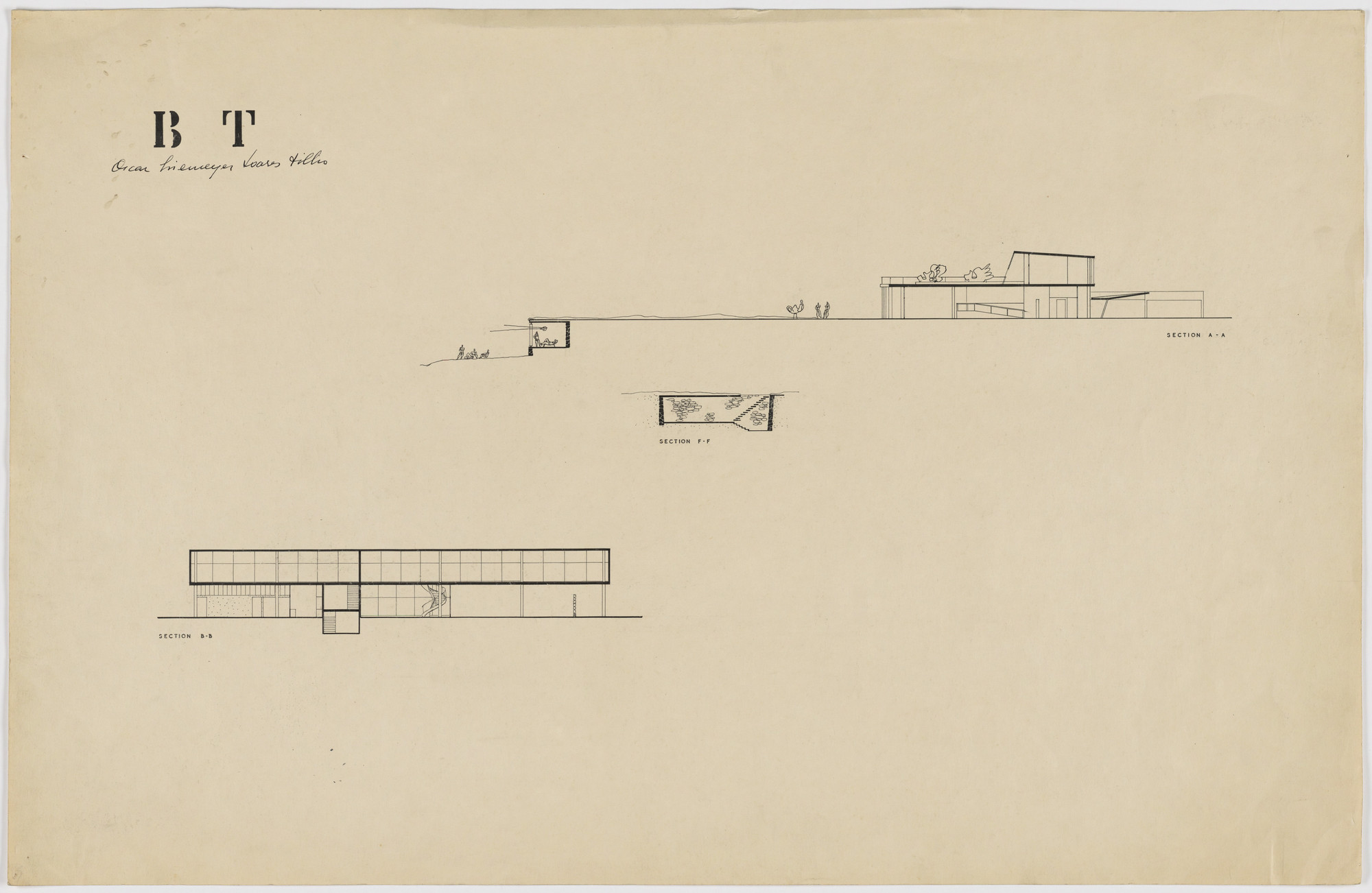 Oscar Niemeyer, Roberto Burle Marx. Beach House for Mr. and Mrs. Burton Tremaine, project, Santa Barbara, California (Sections). 1948