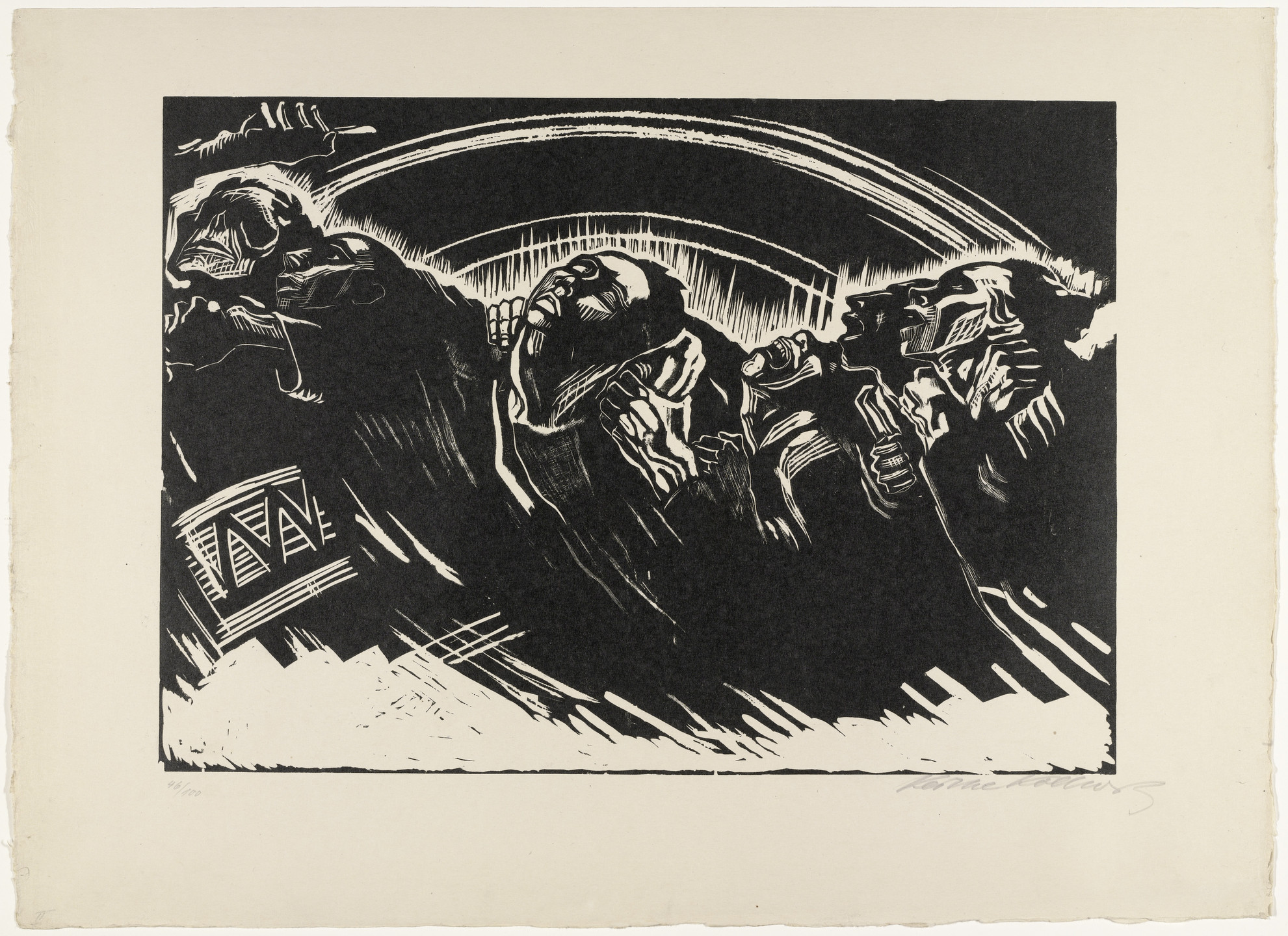The image depicts five faces in white against a predominantly black background, angled upwards with expressions of anguish or distress. White lines above the faces create an arch, adding tension to the scene. This is an AI generated description. To give feedback, email ai@moma.org.