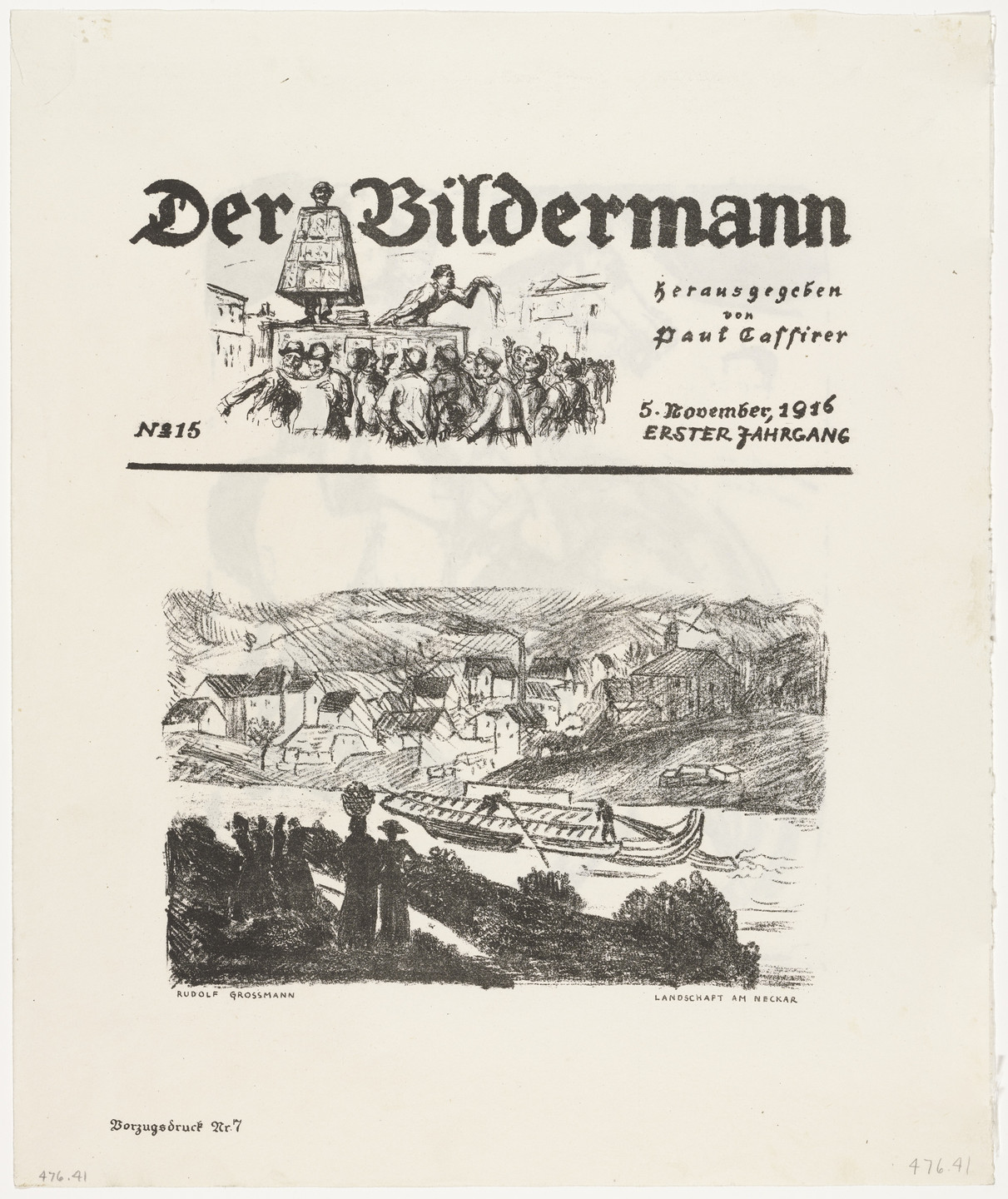 Ernst Ludwig Kirchner, Rudolf Grossmann. In the Barracks Yard (Auf dem Kasernenhof) from the periodical Der Bildermann , no. 15 (November 5, 1916) (recto); _Landscape by the Neckar River (Landschaft am Neckar) _ from the periodical Der Bildermann, no. 15 (November 5, 1916) (verso)_ _. 1916