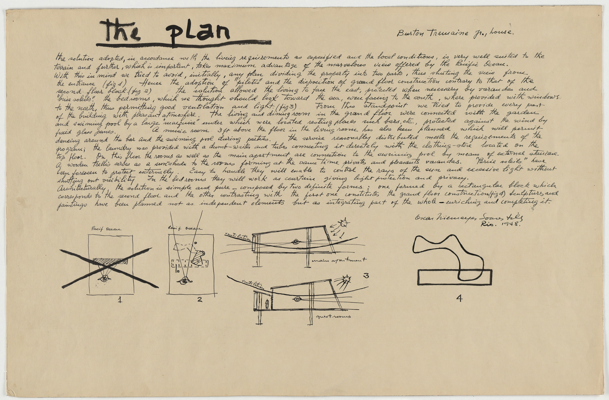 Oscar Niemeyer, Roberto Burle Marx. Beach House for Mr. and Mrs. Burton Tremaine, project, Santa Barbara, California (Preliminary sketches and introductory text). 1948