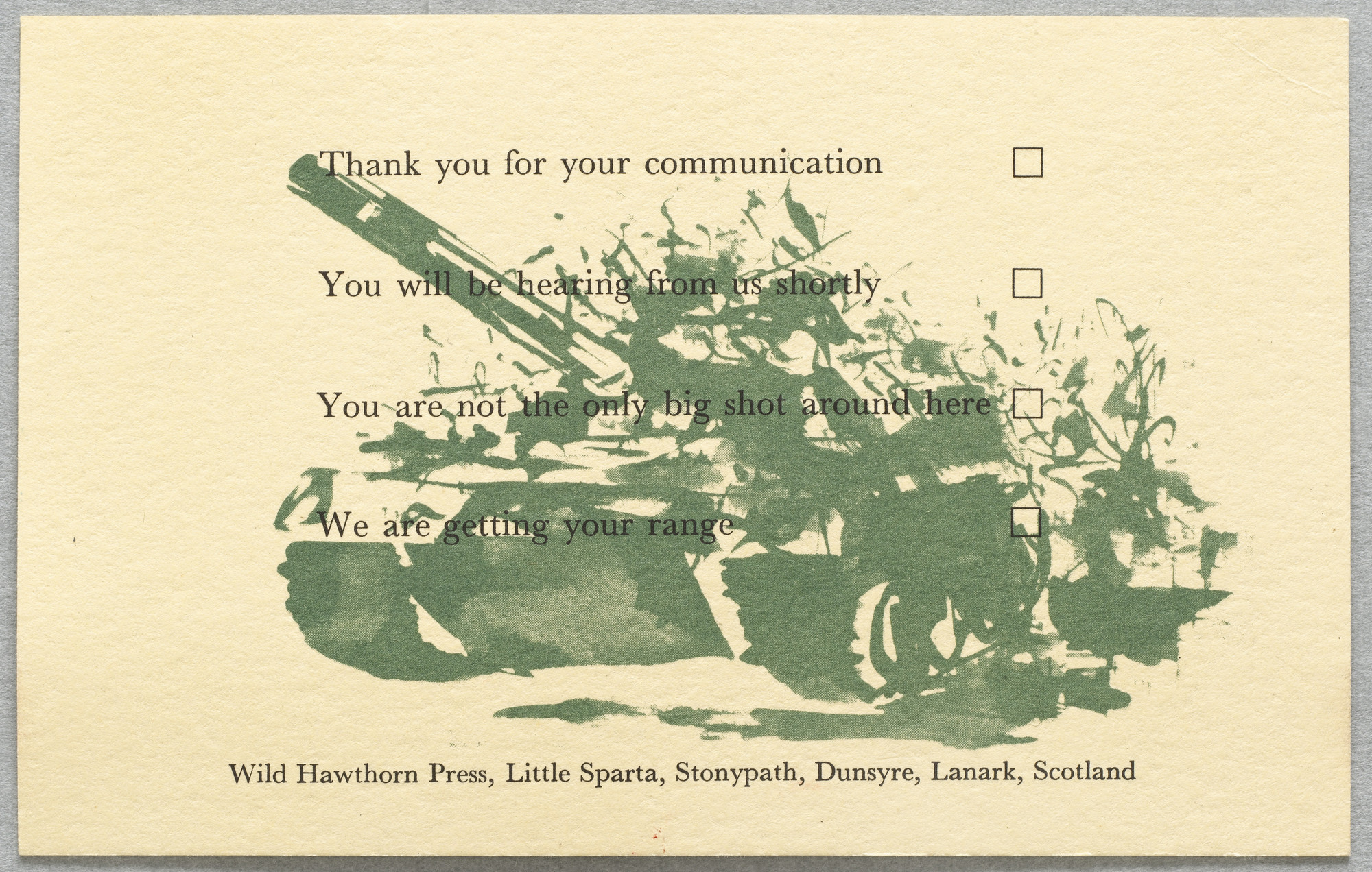 Ian Hamilton Finlay, John Borg Manduca. Reply Card. 1978