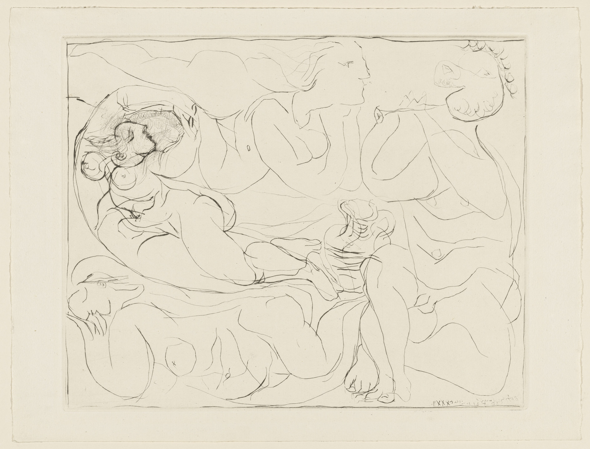 Pablo Picasso. Flutist and Three Nude Women (Flûtiste et trois femmes nues) from the Vollard Suite (Suite Vollard). 1932, published 1939