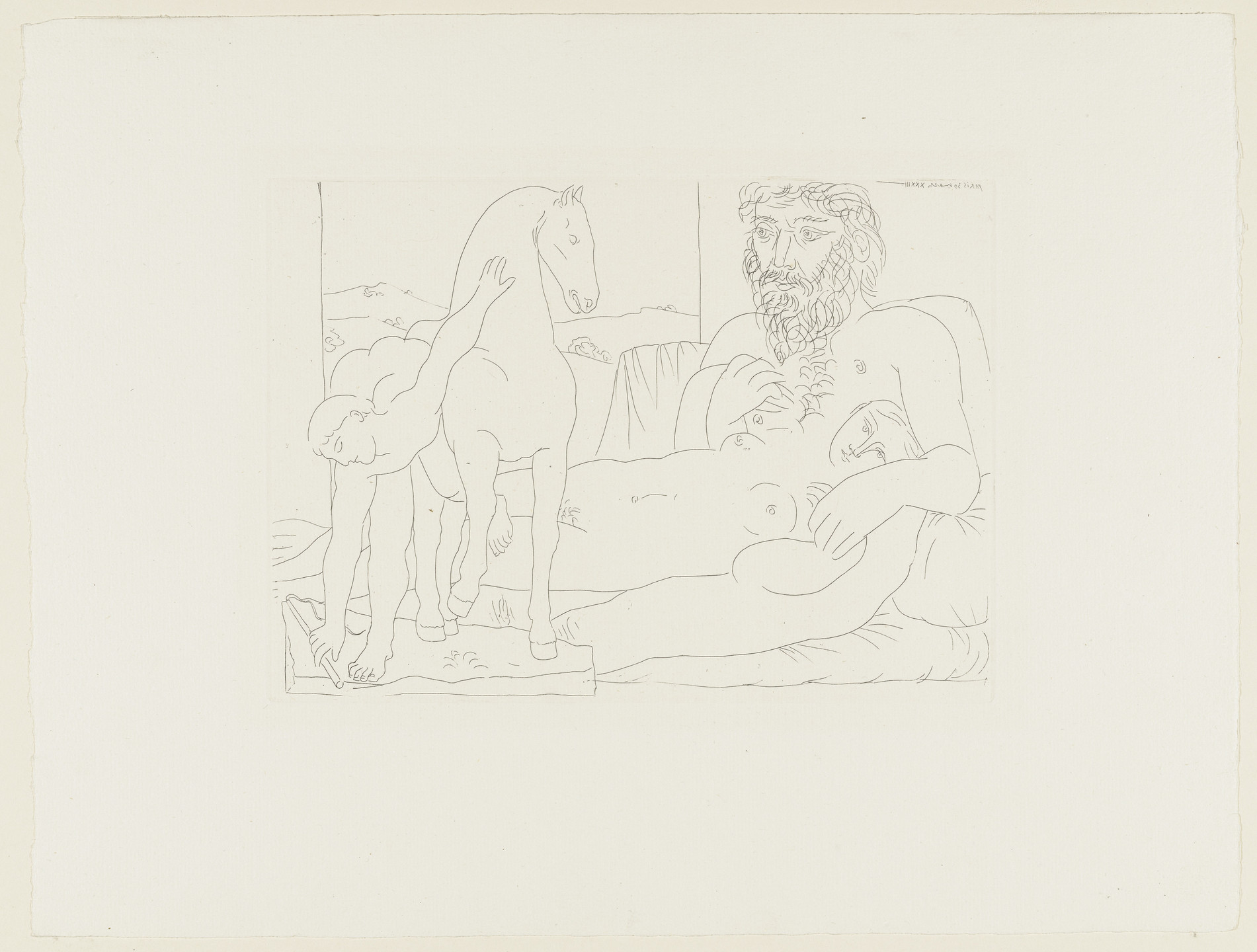 Pablo Picasso. Sculptor and His Model with a Sculpted Group Representing a Horse Trainer (Sculpteur et son modèle avec un groupe sculpté représentant un dresseur de chevaux) from the Vollard Suite (Suite Vollard). 1933, published 1939