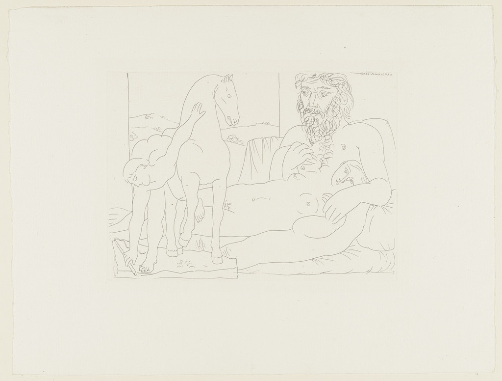 Sculptor and His Model with a Sculpted Group Representing a Horse Trainer (Sculpteur et son modèle avec un groupe sculpté représentant un dresseur de chevaux) from the Vollard Suite (Suite Vollard)
