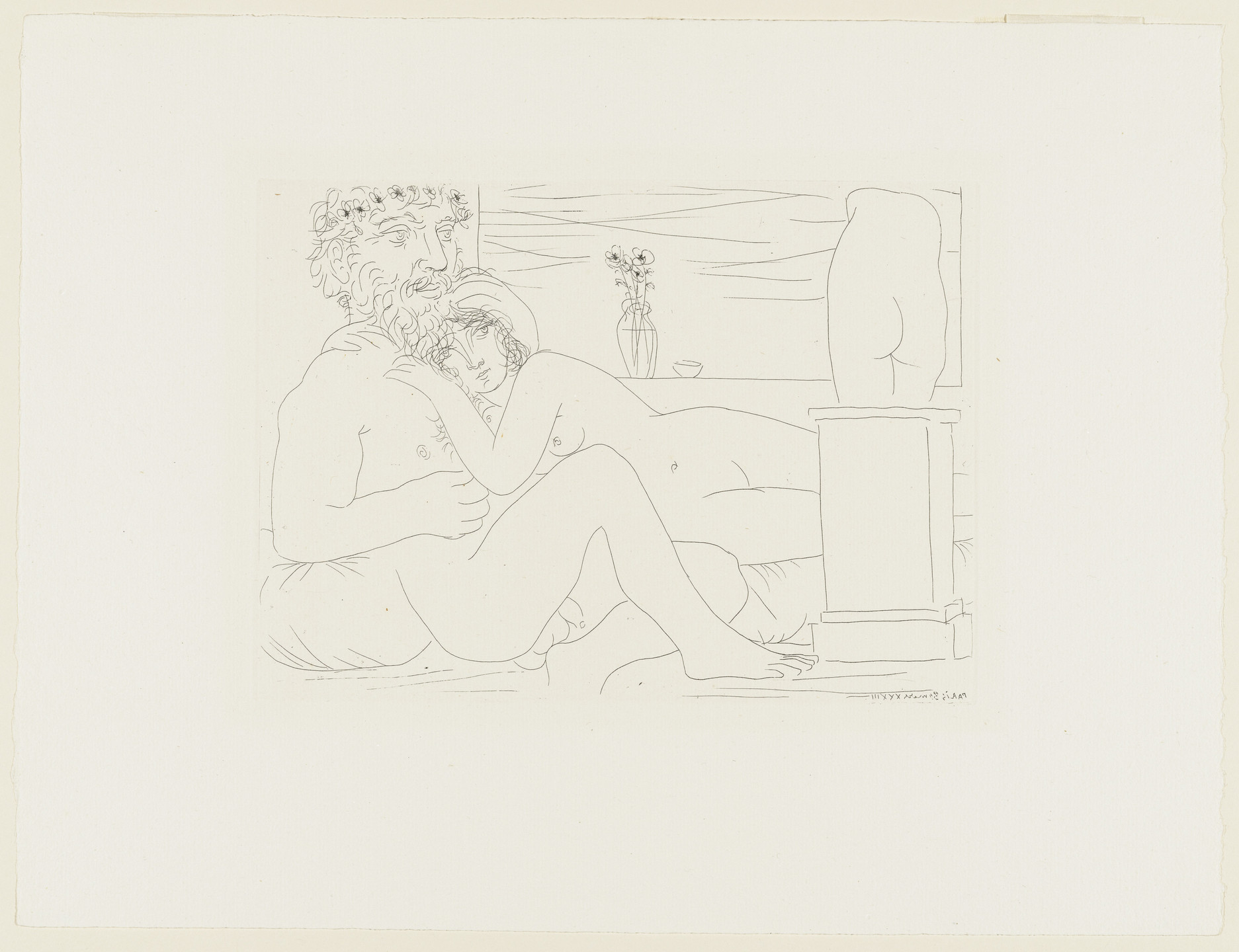 Pablo Picasso. Sculptor at Rest with His Model, Anemones and Small Torso (Sculpteur au repos avec son modèle, anémones et petit torse) from the Vollard Suite (Suite Vollard). 1933, published 1939