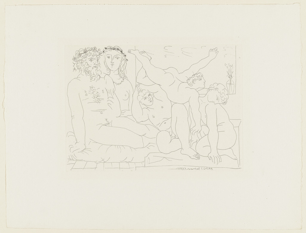 Sculptor and His Model with a Sculpted Group Representing Athletes (Sculpteur et son modèle avec un groupe sculpté représentant des athlètes) from the Vollard Suite (Suite Vollard)