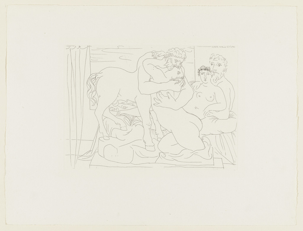 Sculptor and His Model with a Sculpted Group Representing a Centaur Embracing a Woman (Sculpteur et son modèle avec un groupe sculpté représentant un centaure embrassant une femme) from the Vollard Suite (Suite Vollard)