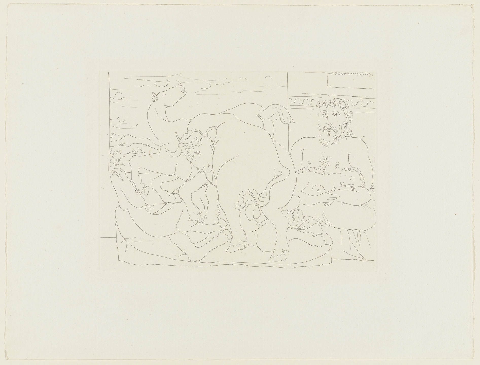 Pablo Picasso. Sculptor and His Model with a Sculpted Group Representing a Bull Attacking Horses (Sculpteur et son modèle avec un groupe sculpté representant un taureau attaquant des chevaux) from the Vollard Suite (Suite Vollard). 1933, published 1939