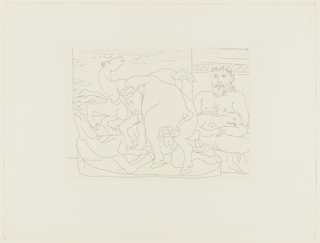 Sculptor and His Model with a Sculpted Group Representing a Bull Attacking Horses (Sculpteur et son modèle avec un groupe sculpté representant un taureau attaquant des chevaux) from the Vollard Suite (Suite Vollard)