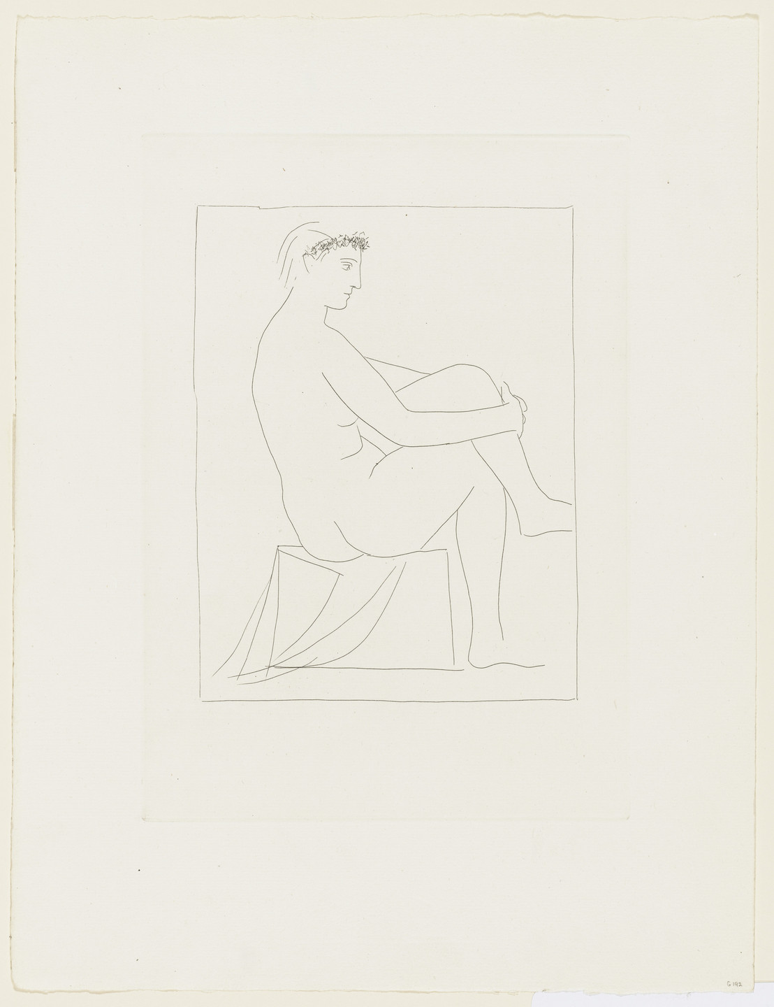 Pablo Picasso. Nude Woman with Crossed Legs Crowned, with Flowers (Femme nue couronnée de fleurs, aux jambes croisées) from the Vollard Suite (Suite Vollard). 1930, published 1939
