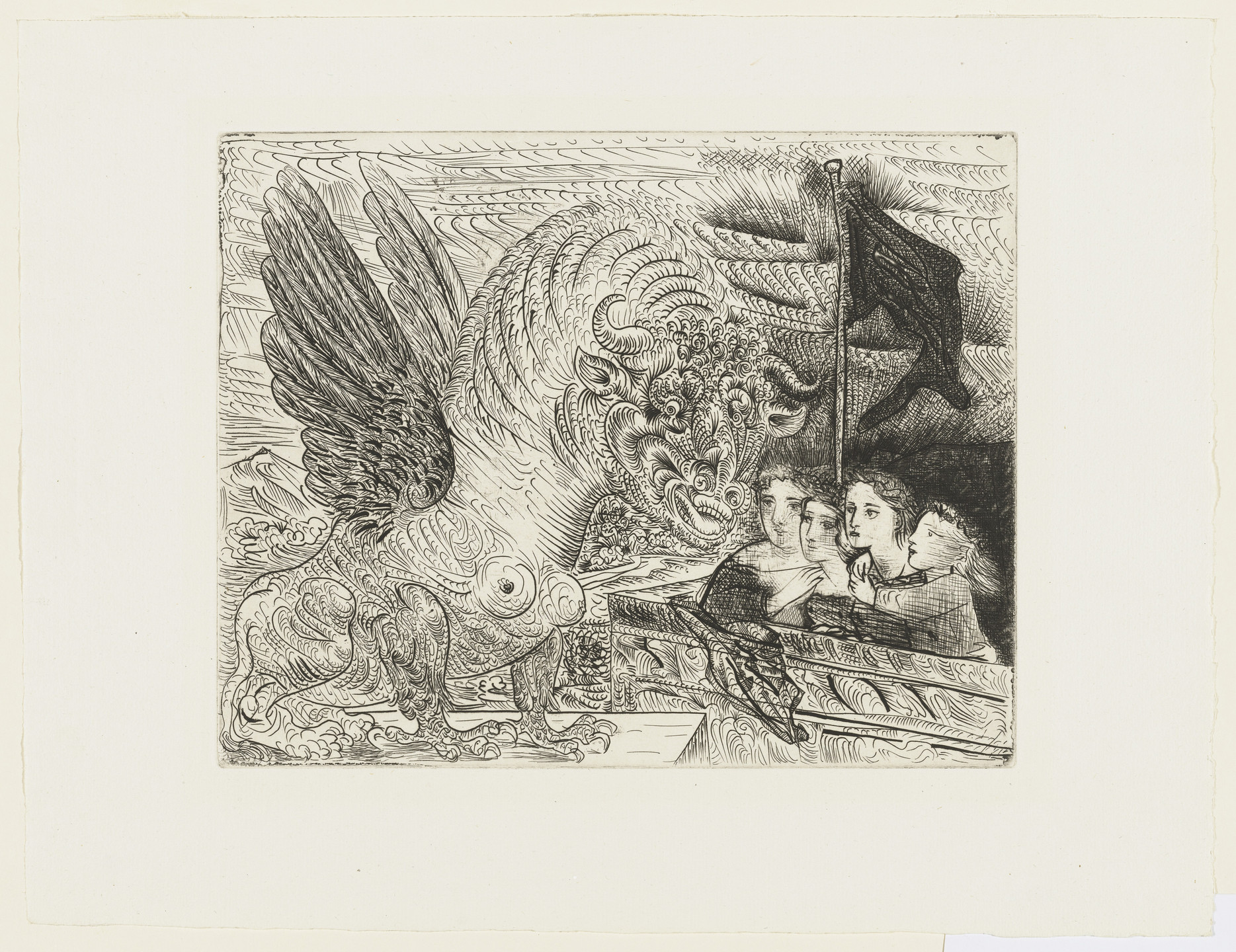 Pablo Picasso. Harpy with Head of a Bull, and Four Little Girls on a Tower Surmounted by a Black Flag (Harpye à tête de taureau, et quatre petites filles sur une tour surmontée d&#39;un drapeau noir) from the Vollard Suite (Suite Vollard). 1934, published 1939