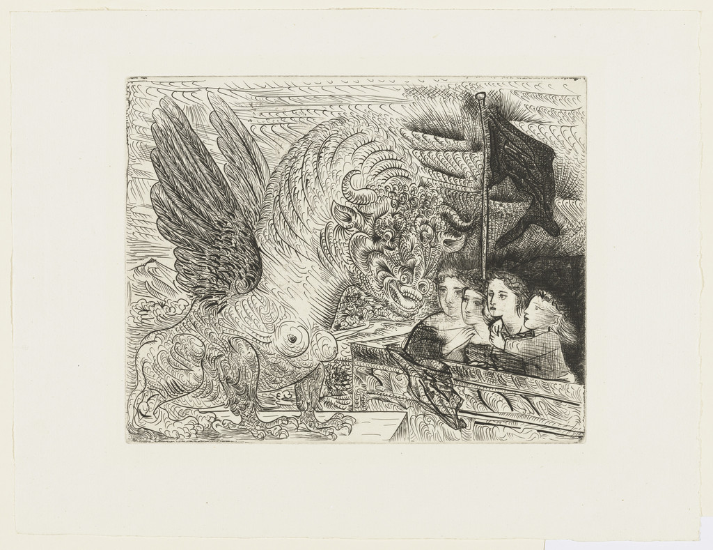 Harpy with Head of a Bull, and Four Little Girls on a Tower Surmounted by a Black Flag (Harpye à tête de taureau, et quatre petites filles sur une tour surmontée d'un drapeau noir) from the Vollard Suite (Suite Vollard)