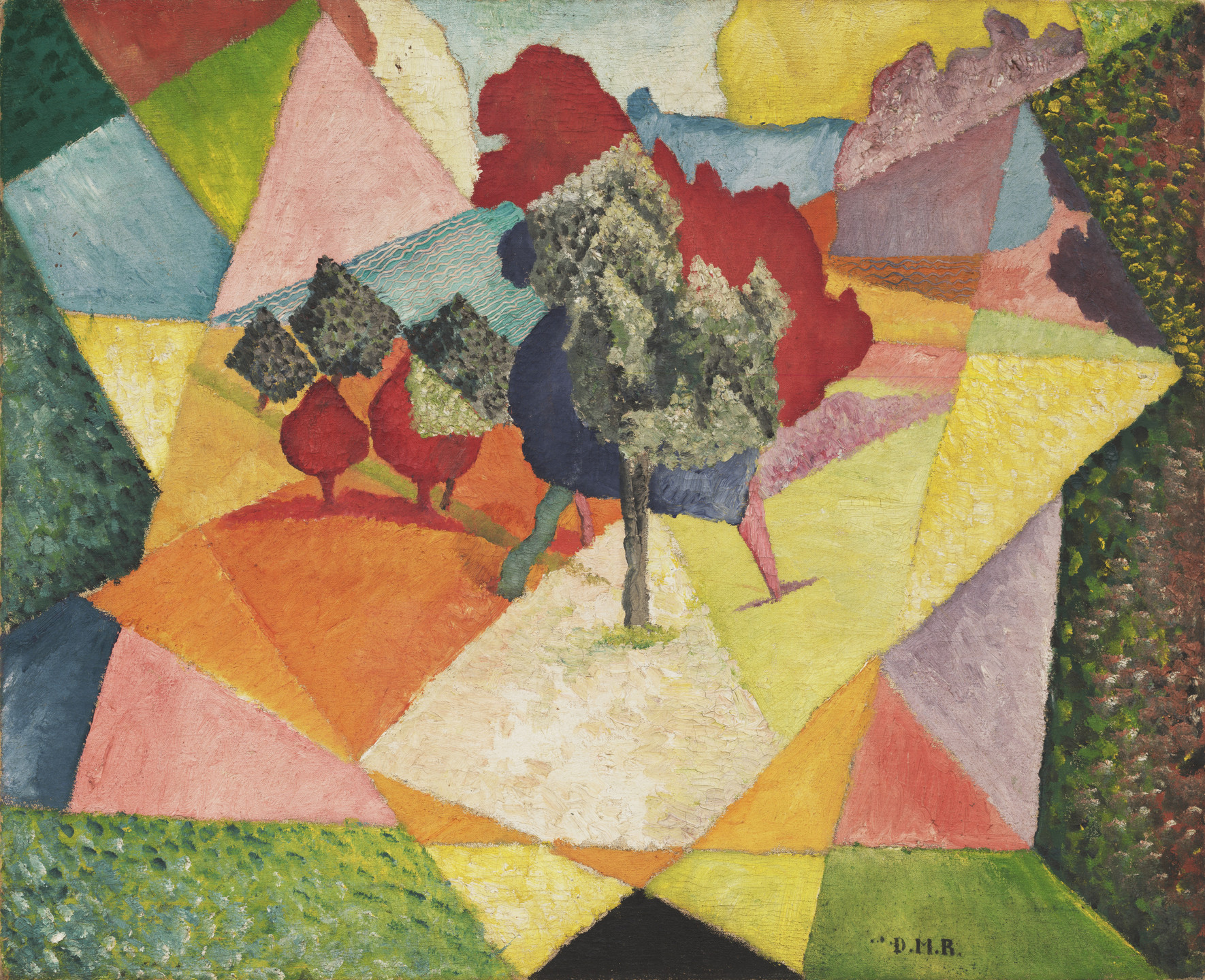 The image features a colorful landscape with geometric shapes in green, yellow, pink, and orange. Trees with green and red foliage are positioned in the center. This is an AI generated description. To give feedback, email ai@moma.org.