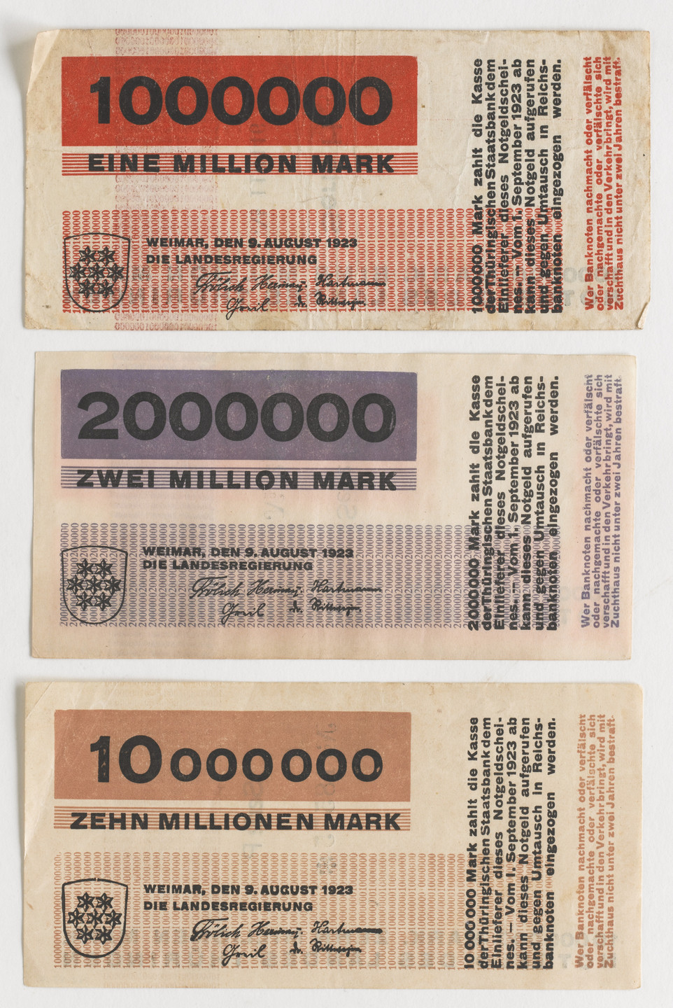 Herbert Bayer. 10 Banknotes, designed for the State Bank of Thuringia. 1923