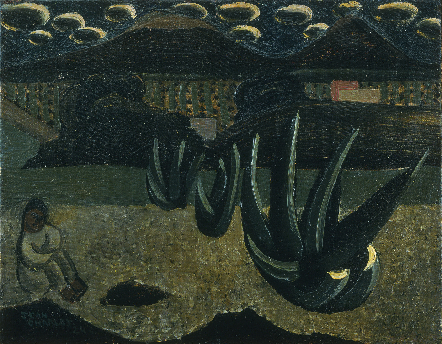 A person in pale clothing sits on the ground in the lower left, near spiky plants. The background shows dark hills under a cloudy sky, with muted earth tones and patches of green. This is an AI generated description. To give feedback, email ai@moma.org.
