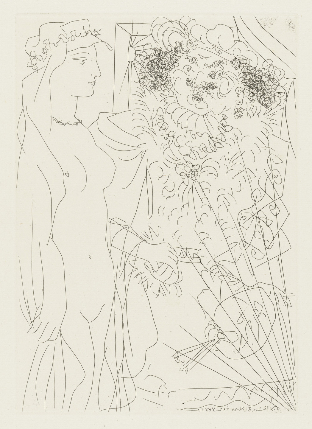 Pablo Picasso. Rembrandt Holding the Hand of a Young Woman with Veil (Rembrandt tenant par la main une jeune femme au voile) from the Vollard Suite (Suite Vollard). 1933, published 1939