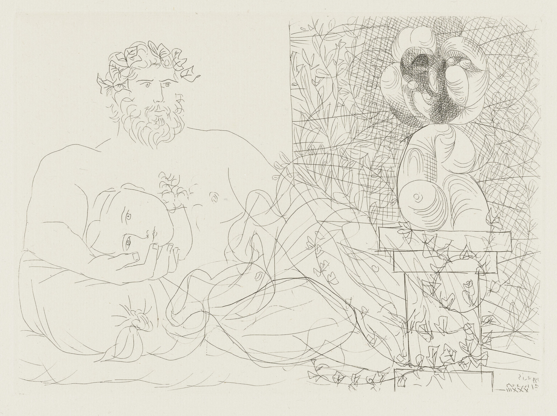Pablo Picasso. Sculptor and His Model with a Bust on a Column (Sculpteur et son modèle avec un buste sur une colonne) from the Vollard Suite (Suite Vollard). 1933, published 1939