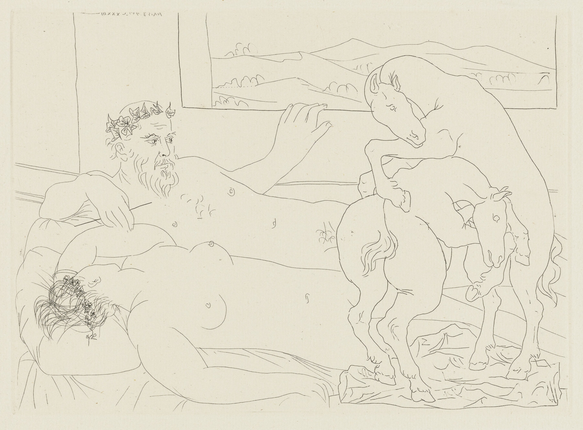 Pablo Picasso. Old Sculptor and Sleeping Model with a Sculpted Group Representing Wrestling Horses (Vieux sculpteur et modèle assoupi avec un groupe sculpté représentant des chevaux luttant) from the Vollard Suite (Suite Vollard). 1933, published 1939
