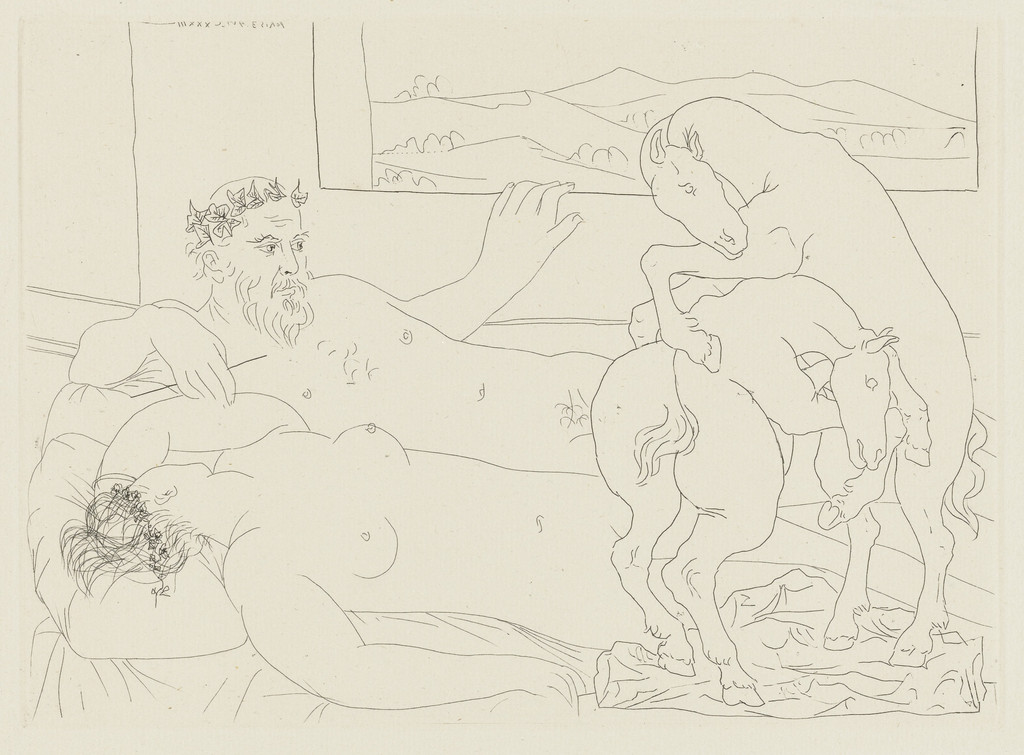 Old Sculptor and Sleeping Model with a Sculpted Group Representing Wrestling Horses (Vieux sculpteur et modèle assoupi avec un groupe sculpté représentant des chevaux luttant) from the Vollard Suite (Suite Vollard)