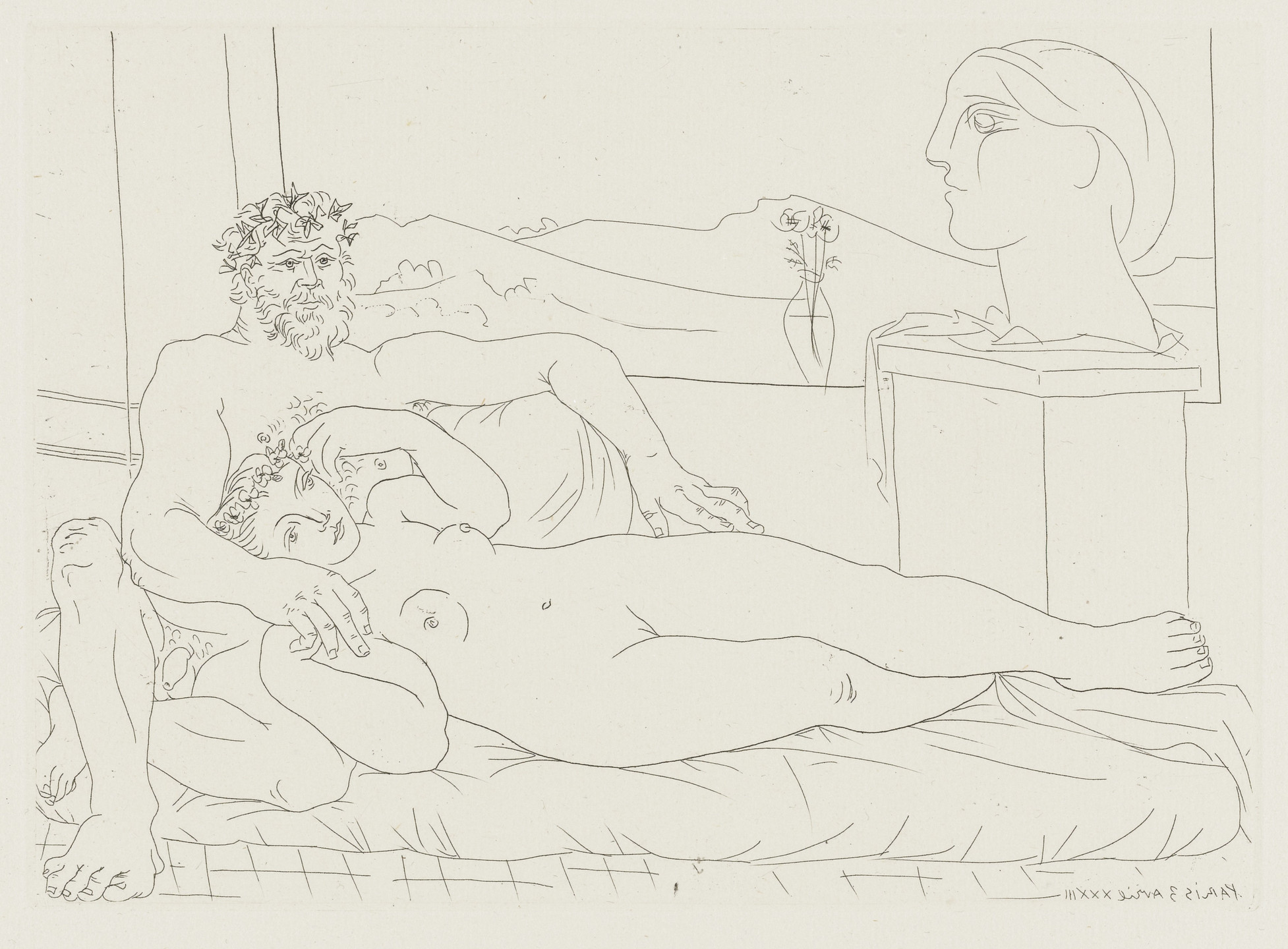 Pablo Picasso. Old Sculptor and Young Model with the Sculpted Portrait of the Model (Vieux sculpteur et jeune modèle avec le portrait sculpté du modèle) from the Vollard Suite (Suite Vollard). 1933, published 1939