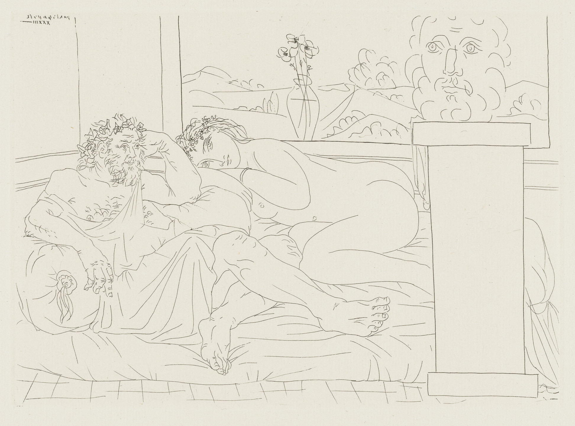 Pablo Picasso. Old Greek Sculptor with Model, Vase with Three Anemones, and Sculpted Self-Portrait (Vieux sculpteur grec avec modèle, vase aux trois anémones, et autoportrait sculpté) from the Vollard Suite (Suite Vollard). 1933, published 1939