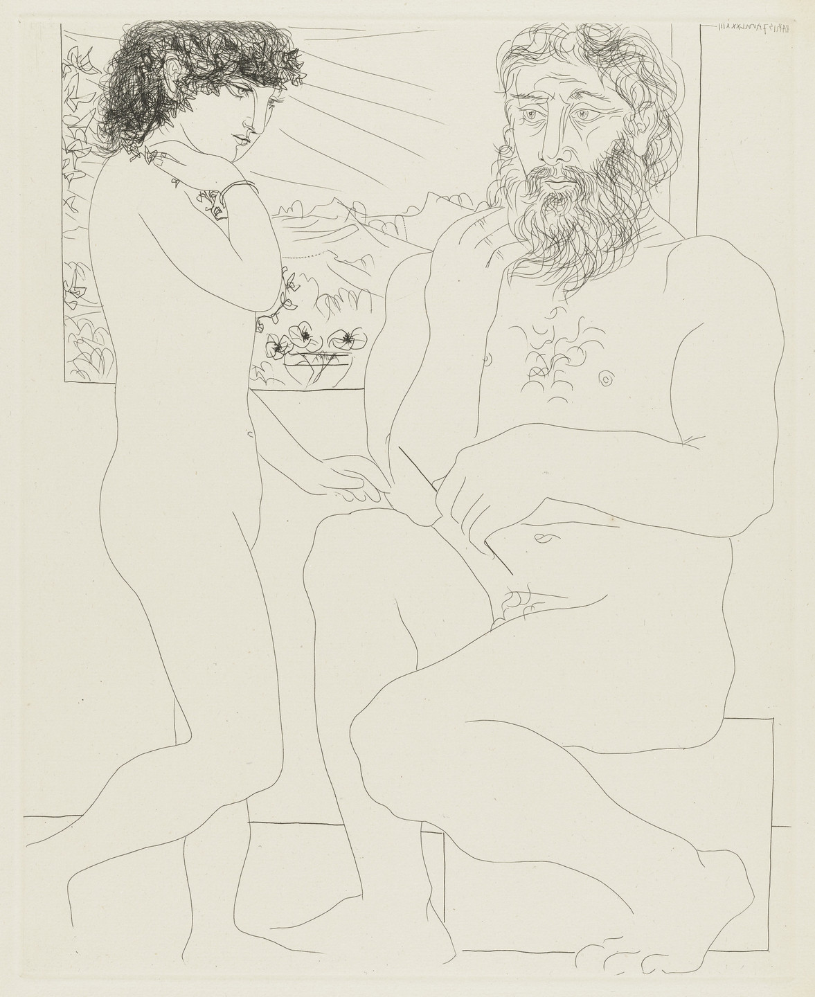 Pablo Picasso. Dreaming Sculptor, Model with Black Hair and Bowl with Three Anemones (Sculpteur songeant, modèle aux cheveux noirs et bol avec trois anémones) from the Vollard Suite (Suite Vollard). 1933, published 1939