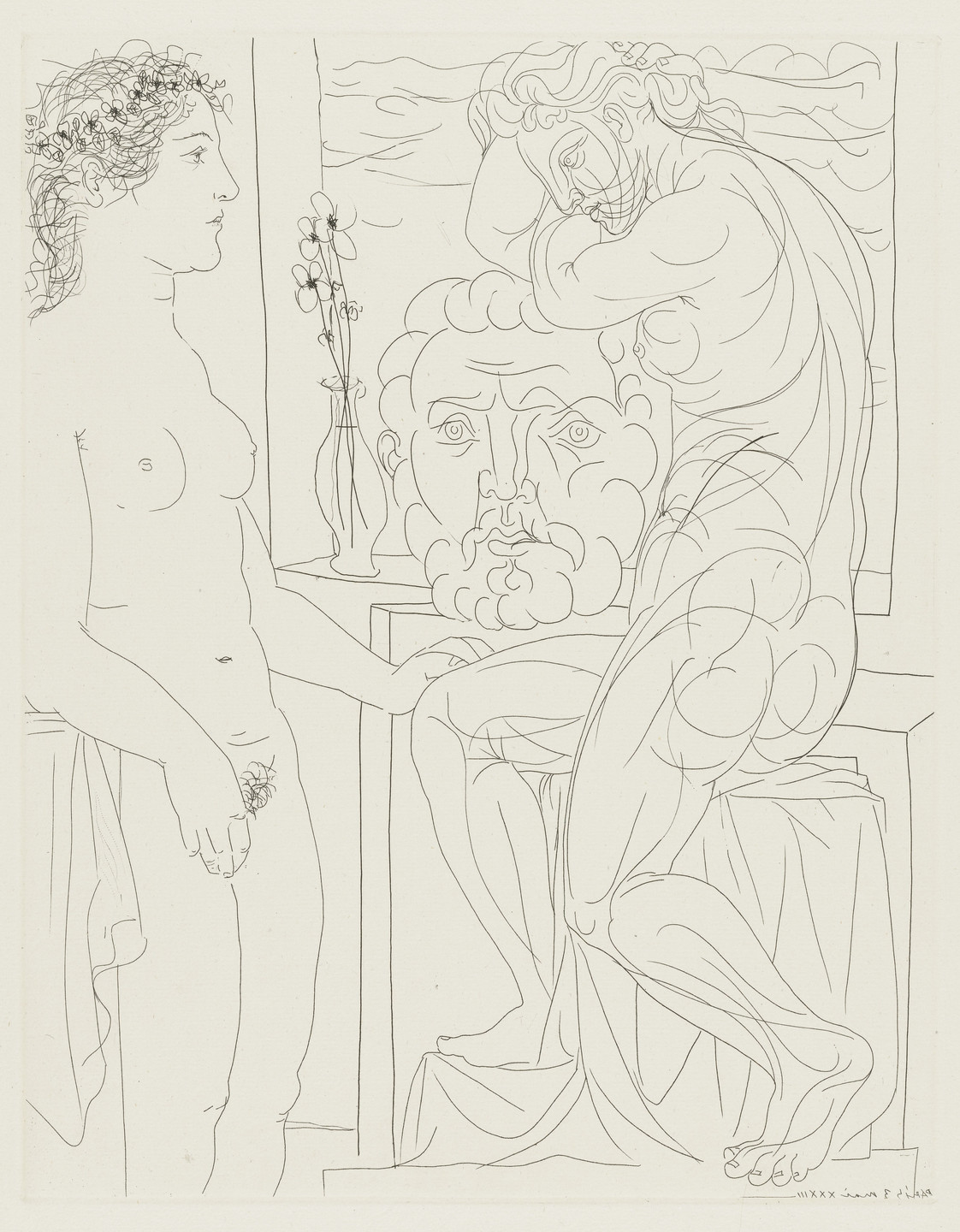 Pablo Picasso. Ugly Woman before a Sculpture of an Athletic Marie-Therese, Leaning on a Self-Portrait of the Sculptor (Femme laide devant la sculpture d'une Marie-Thérèse athlétique appuyée sur un autoportrait du sculpteur) from the Vollard Suite (Suite Vollard). 1933, published 1939
