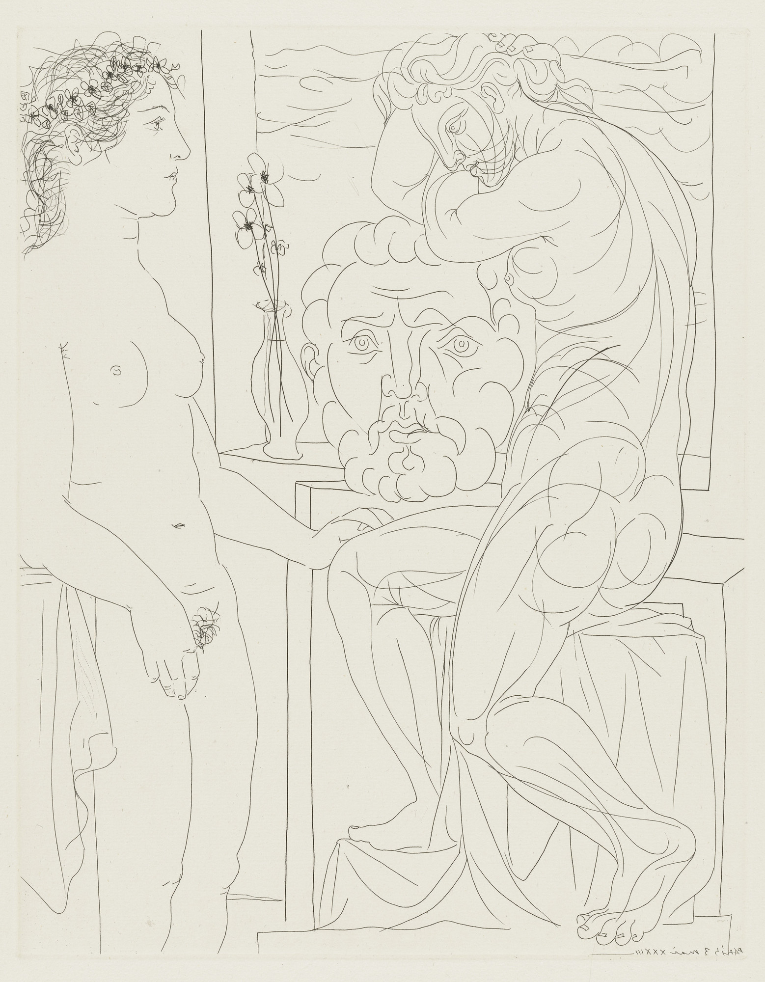 Pablo Picasso. Ugly Woman before a Sculpture of an Athletic Marie-Thérèse, Leaning on a Self-Portrait of the Sculptor (Femme laide devant la sculpture d'une Marie-Thérèse athlétique appuyée sur un autoportrait du sculpteur) from the Vollard Suite (Suite Vollard)