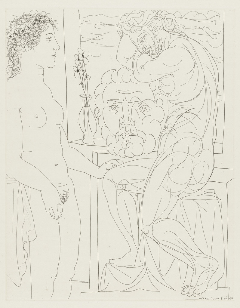 Ugly Woman before a Sculpture of an Athletic Marie-Therese, Leaning on a Self-Portrait of the Sculptor (Femme laide devant la sculpture d'une Marie-Thérèse athlétique appuyée sur un autoportrait du sculpteur) from the Vollard Suite (Suite Vollard)