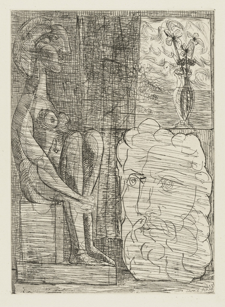 Sculptures Representing Marie-Thérèse and the Head of the Sculptor with the Vase with Three Flowers (Sculptures représentant Marie-Thérèse et la tête du sculpteur, avec le vase aux trois fleurs), state III, from the Vollard Suite (Suite Vollard)