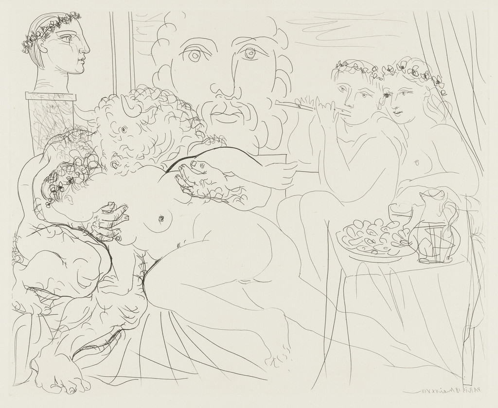 Self-Portrait in Three Forms: Crowned Painter, Bust of the Sculptor, and Amorous Minotaur (Autoportrait sous trois formes: peintre couronné, sculpteur en buste, et Minotaure amoreux) from the Vollard Suite (Suite Vollard)