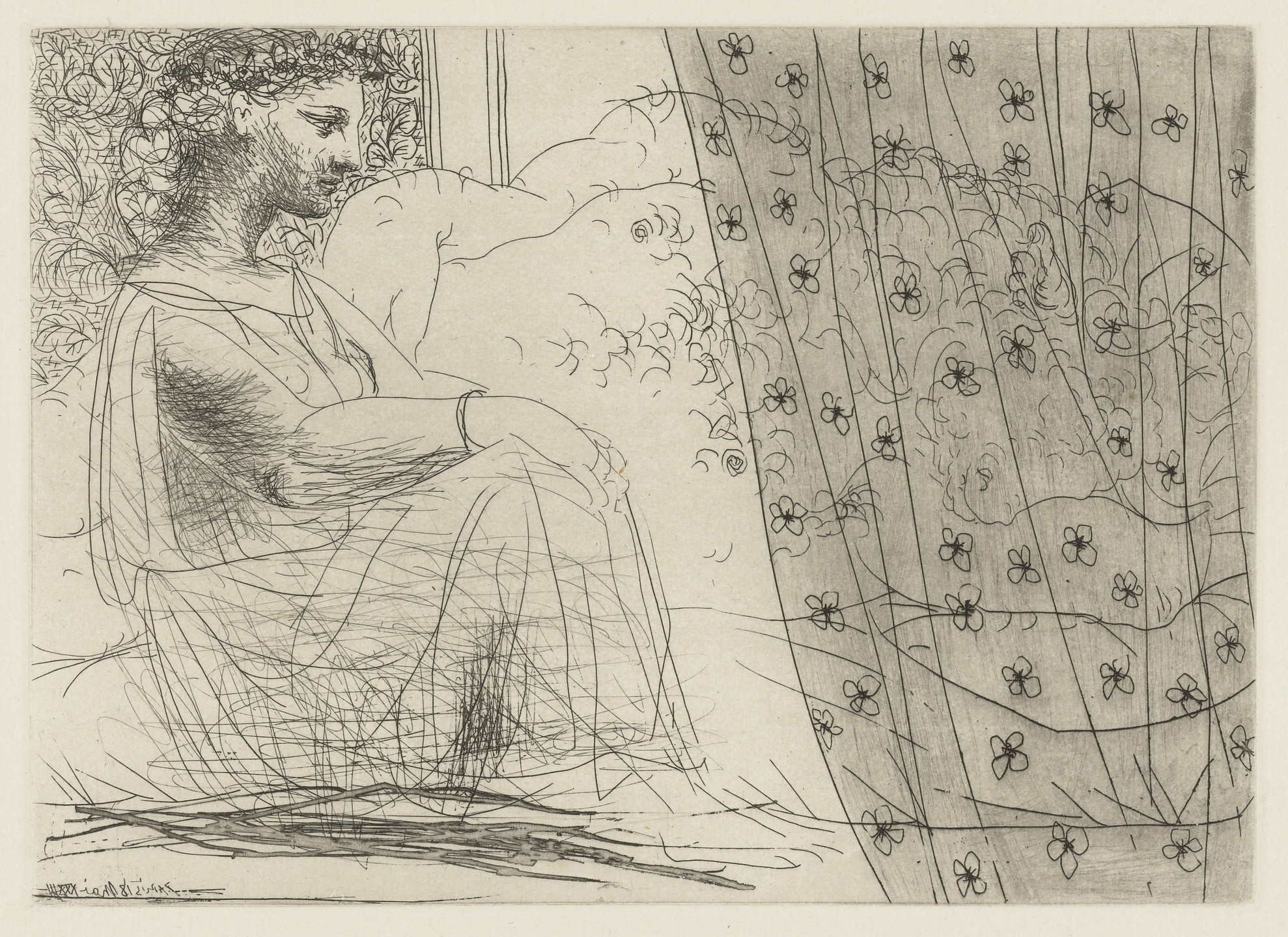 Pablo Picasso. Virginal Marie-Thérèse Watching the Sleeping Minotaur (Marie-Thérèse, en vestale, veillant le minotaure endormi) from the Vollard Suite (Suite Vollard). 1933, published 1939