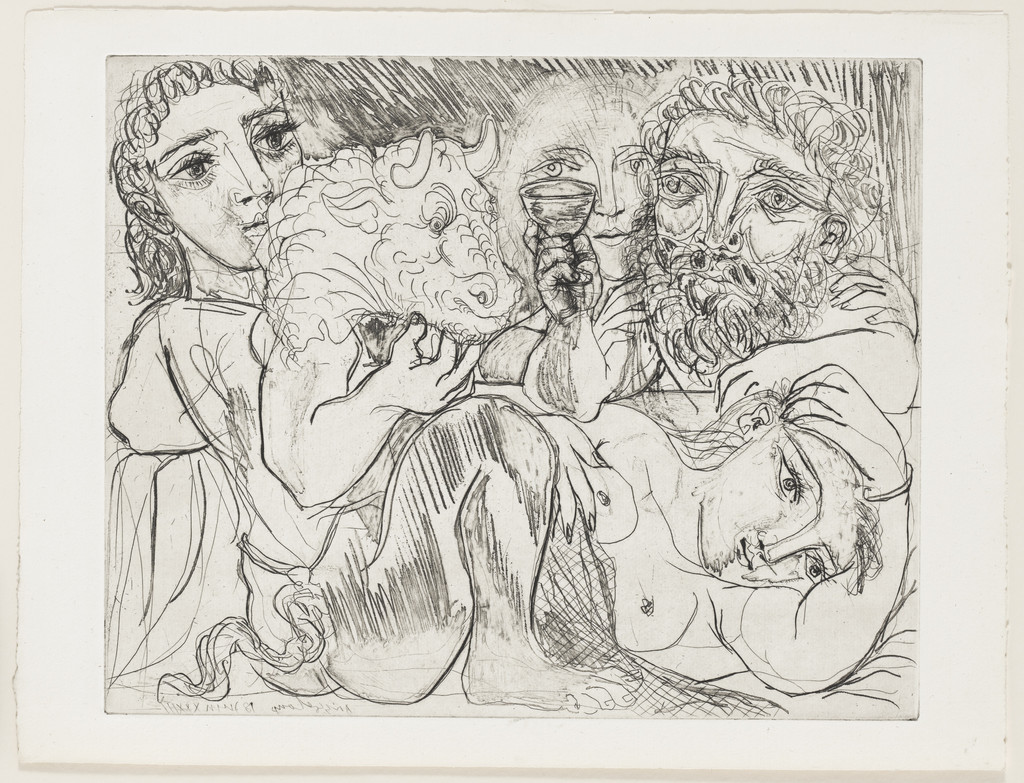 Marie-Thérèse Dreaming of Metamorphoses: Herself and the Sculptor Drinking with a Young Greek Actor Playing the Role of Minotaur (Marie-Thérèse rêvant de métamorphoses: elle-même et le sculpteur buvant avec un jeune acteur grec jouant le rôle du Minotaure), state IV, from the Vollard Suite (Suite Vollard)