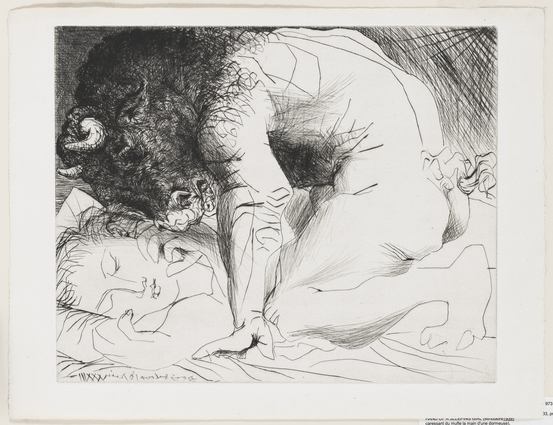 Pablo Picasso. Minotaur Caressing the Hand of a Sleeping Girl with his Face (Minotaure caressant du mufle la main d'une dormeuse), state II, from the Vollard Suite (Suite Vollard). 1933, published 1939
