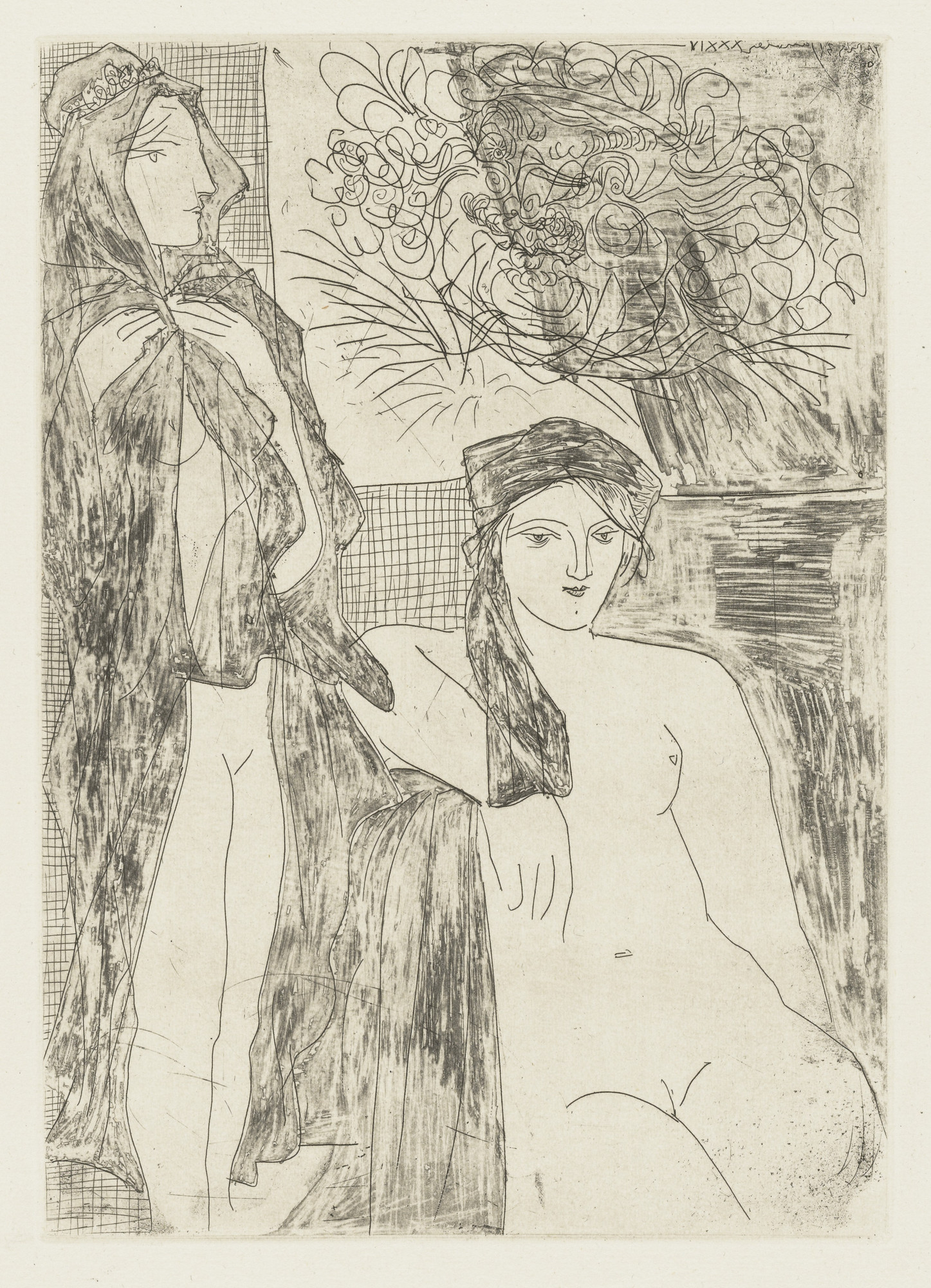 Pablo Picasso. Woman with Veil, Seated Model, and Head of Rembrandt (Femme au voile, modèle assis et tête de Rembrandt) from the Vollard Suite (Suite Vollard)