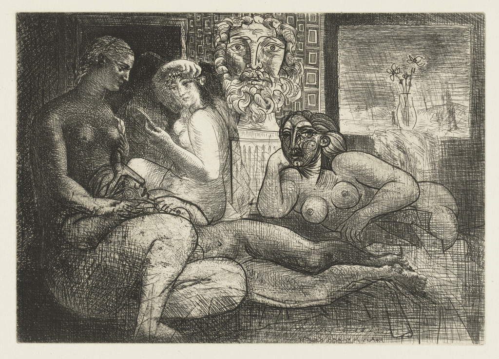 Women Amongst Themselves with Sculpted Voyeur: Nod to The Turkish Bath (Femmes entre elles avec voyeur sculpté. Clin d'oeil au Bain turc) from the Vollard Suite (Suite Vollard)