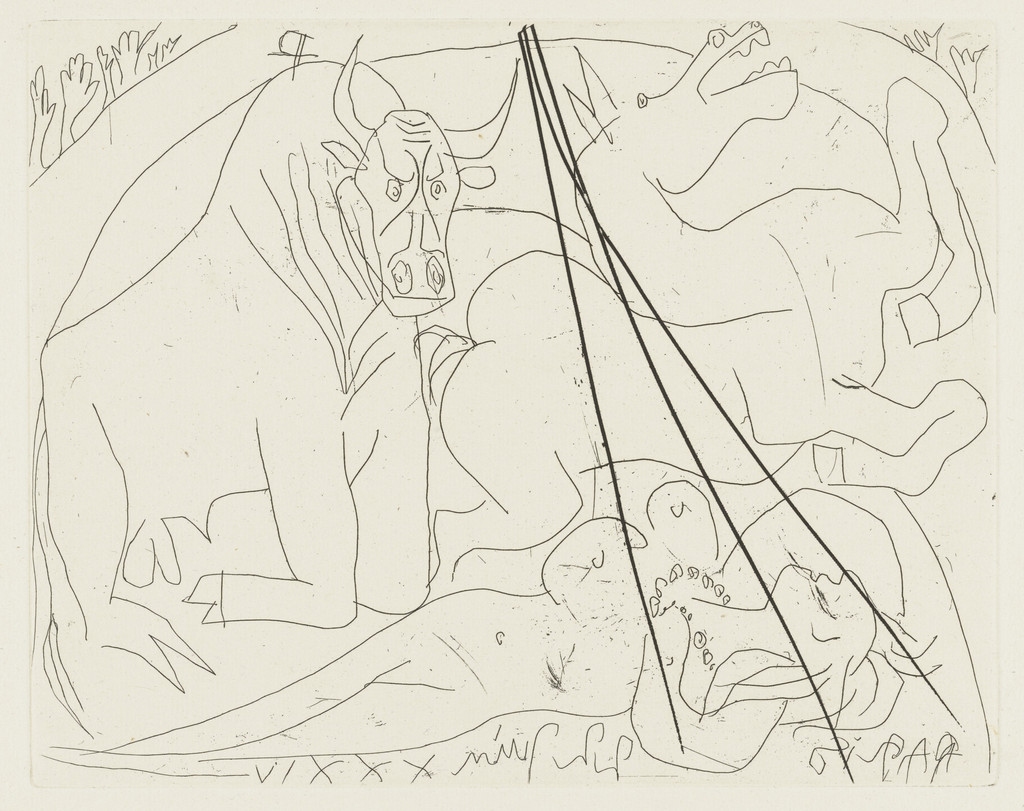 Dying Bull Kneeling Before a Dead Nude Woman (Taureau mourant agenouillé devant une femme nue morte) from the Vollard Suite (Suite Vollard)