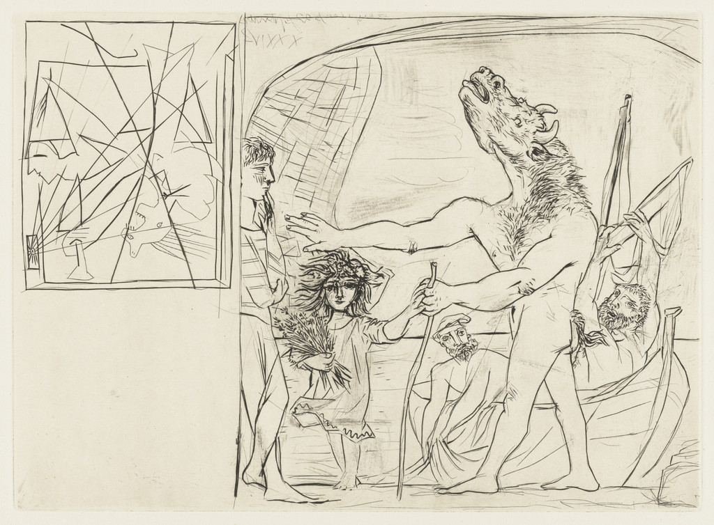 Blind Minotaur Guided by a Little Girl with Flowers (Minotaure aveugle guidé par une petite fille aux fleurs) from the Vollard Suite (Suite Vollard)