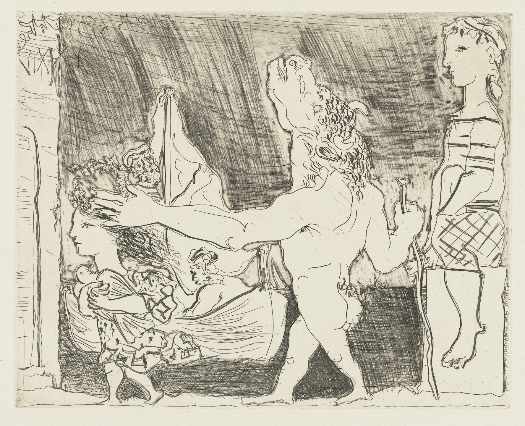 Pablo Picasso. Blind Minotaur Guided in the Night by a Little Girl with a Pigeon (Minotaure aveugle guidé dans la nuit par une petite fille au pigeon) from the Vollard Suite (Suite Vollard). 1934, published 1939