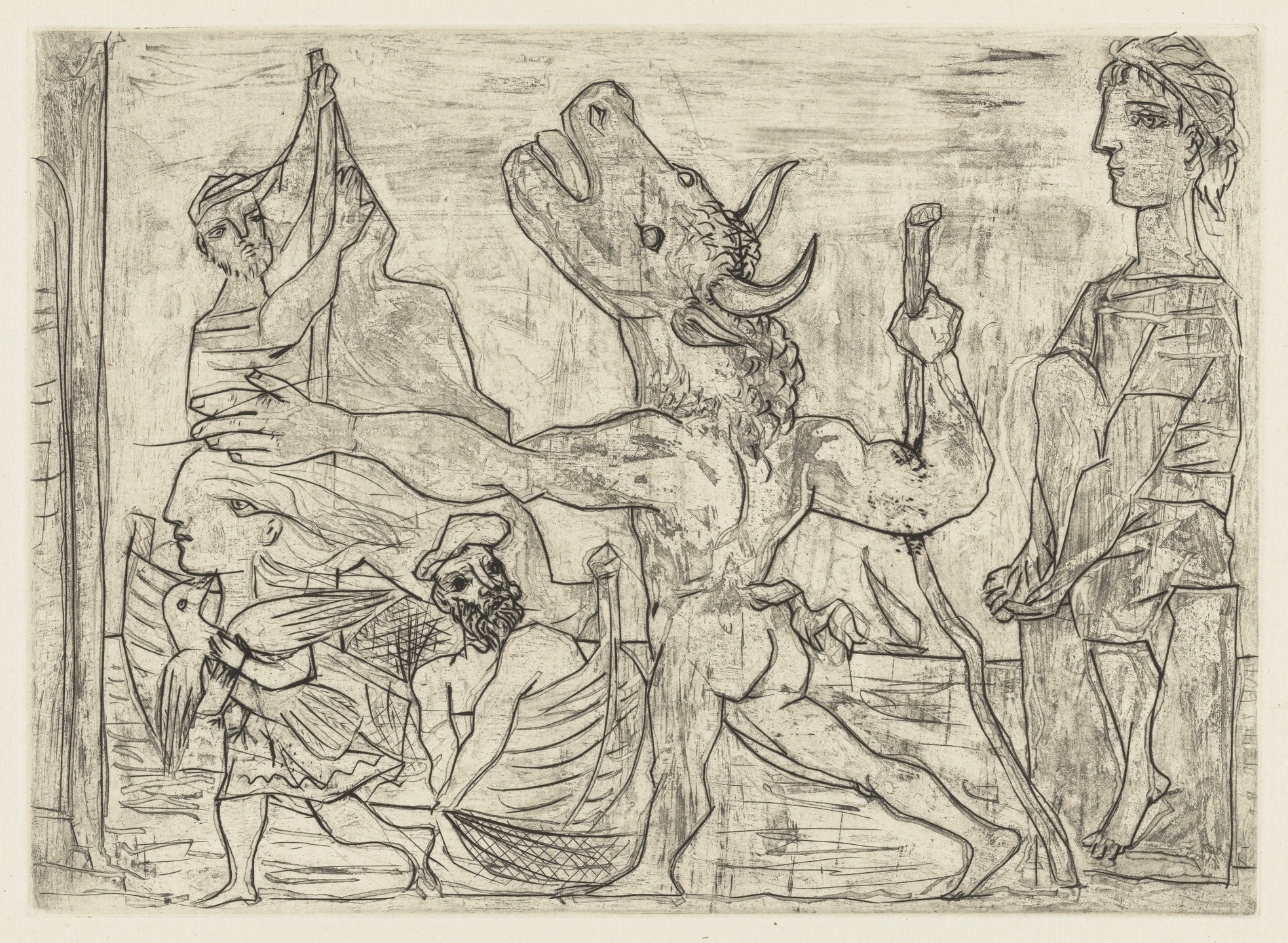 Pablo Picasso. Blind Minotaur Guided by a Little Girl with a Pigeon (Minotaure aveugle guidé par une petite fille au pigeon) from the Vollard Suite (Suite Vollard). 1934, published 1939