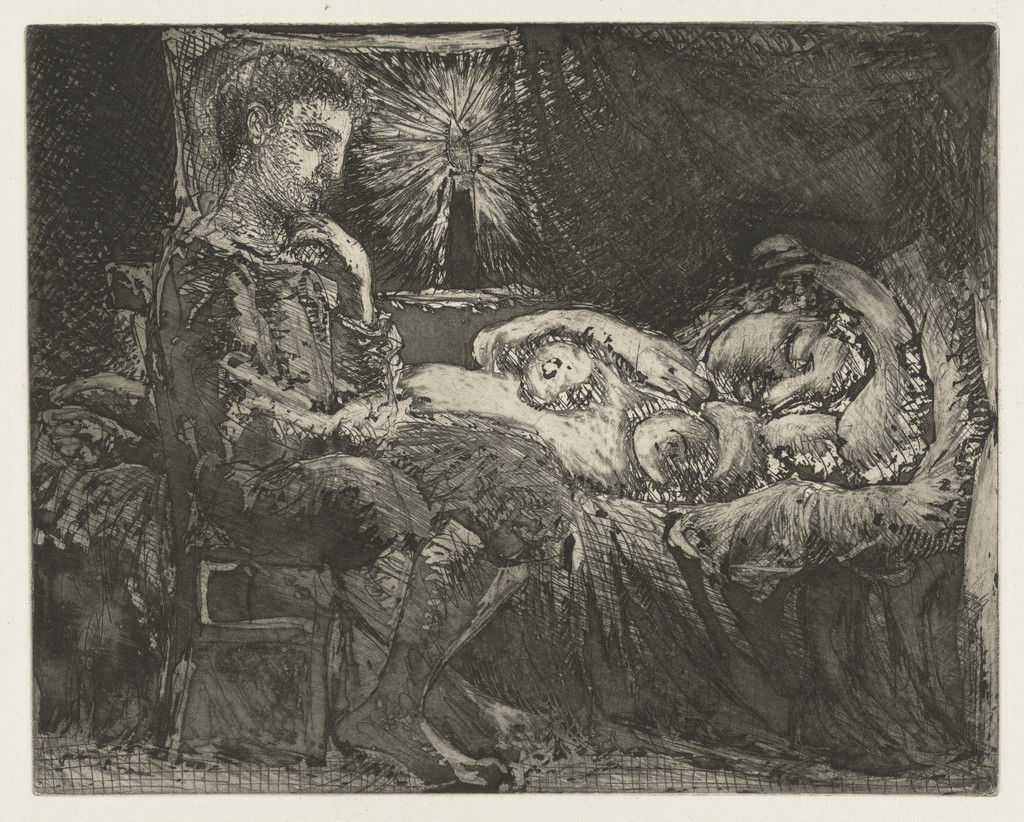 Pensive Boy Watching a Sleeping Girl by the Light of a Candle (Garçon pensif veillant une dormeuse à la lumière d'une chandelle) from the Vollard Suite (Suite Vollard)