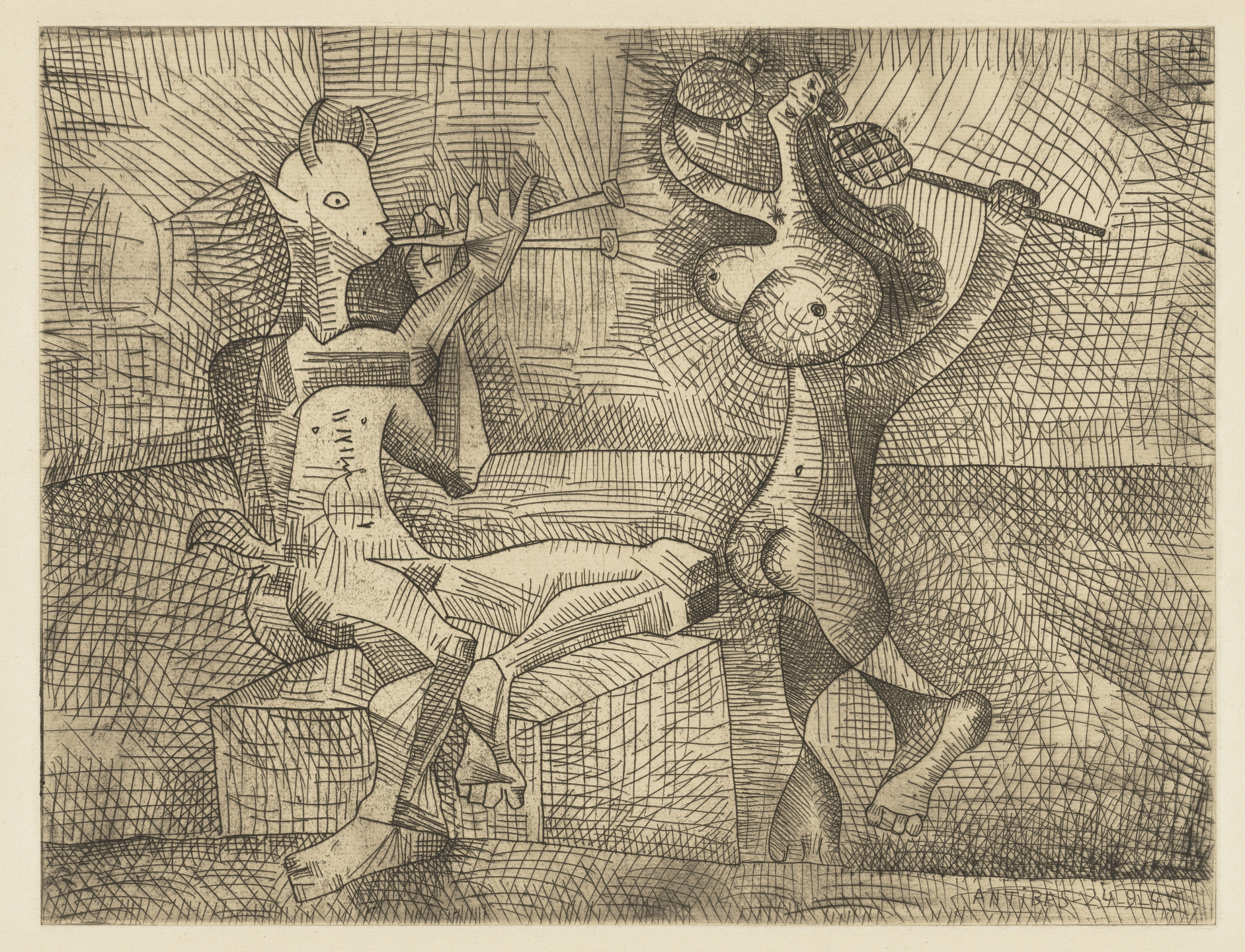 Pablo Picasso. Faun with Flute and Dancer with Maraca and Tambourine (Faune flûtiste et danseuse à la maraca et au tambourin). 1945