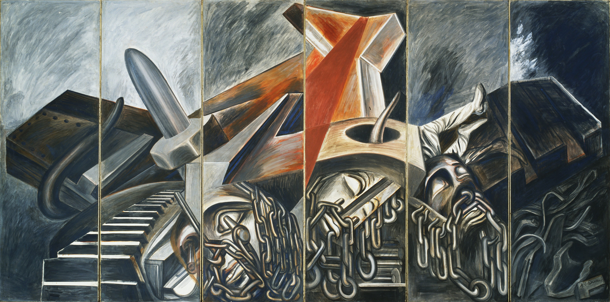 The image features a collage of various objects like chains, gears, a piano, and a mask in fragmented panels with predominantly dark gray, black, and some orange hues. The composition appears chaotic with overlapping items giving a crowded feeling. This is an AI generated description. To give feedback, email ai@moma.org.