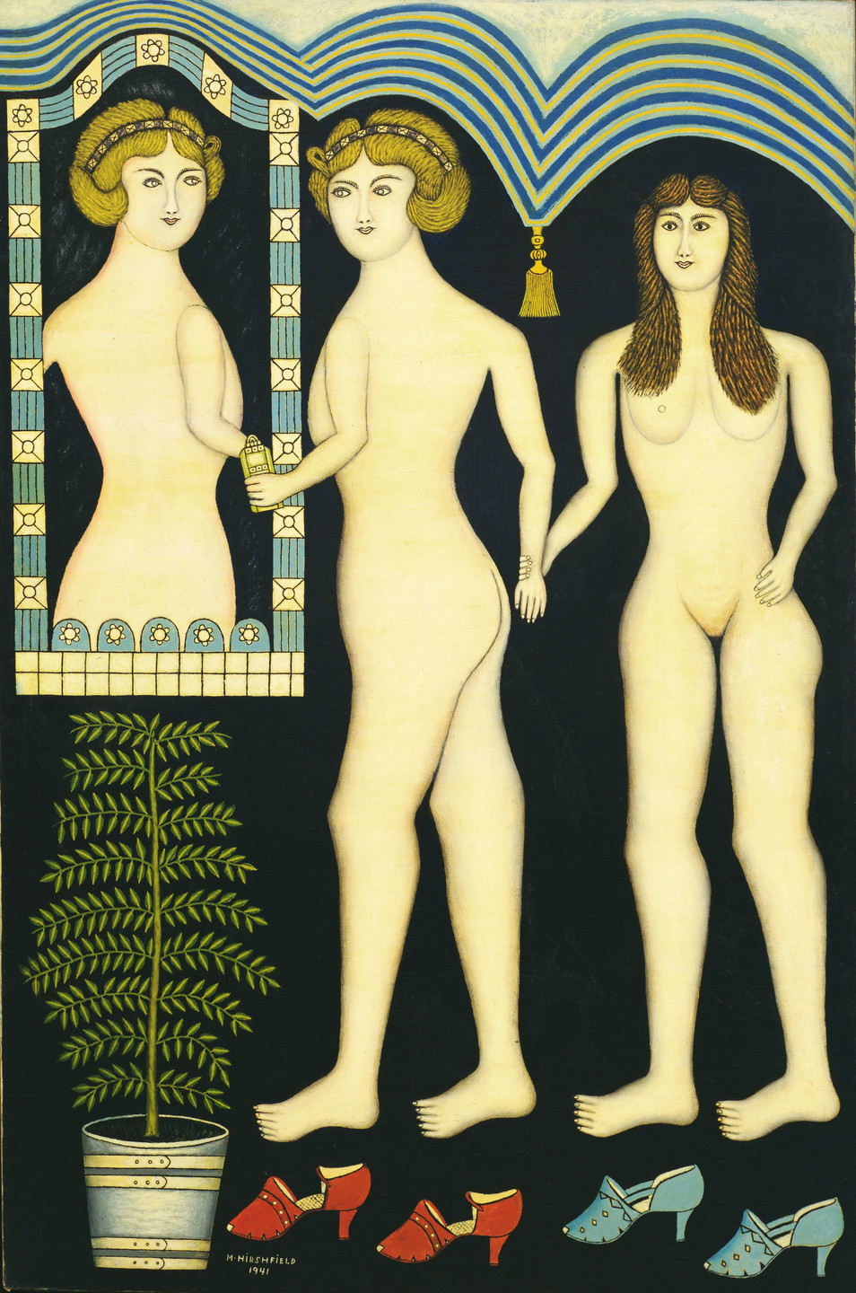 Two nude figures with pale skin and elaborately styled hair stand side by side; one holds a mirror reflecting their image. Below them, a potted plant and six colorful shoes (three pairs) are on the dark ground. This is an AI generated description. To give feedback, email ai@moma.org.