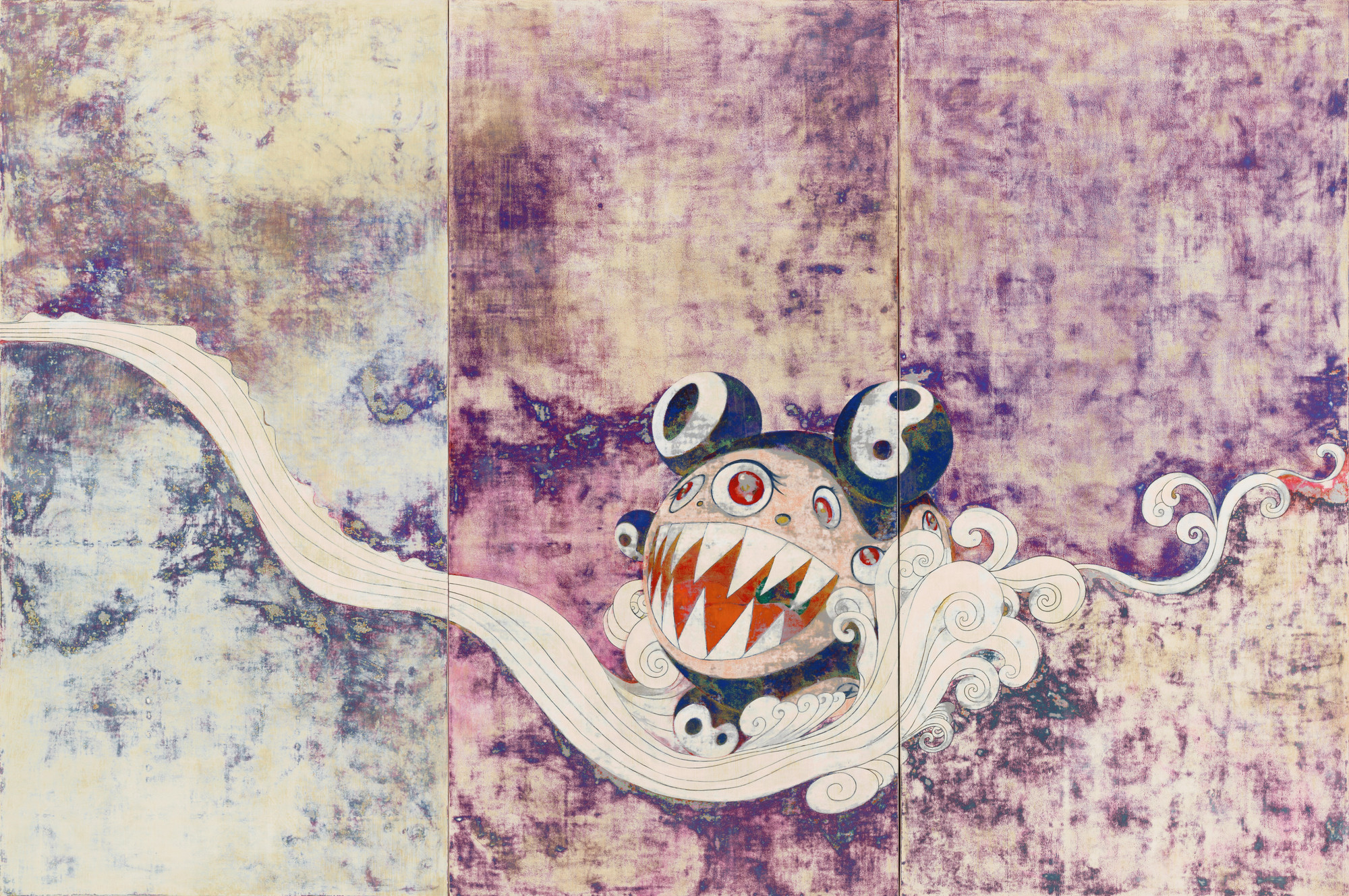 The image shows a creature with large eyes and sharp, jagged teeth in white, red, and black hues. The background is a mixture of yellow, purple, and blue with swirling white patterns. This is an AI generated description. To give feedback, email ai@moma.org.