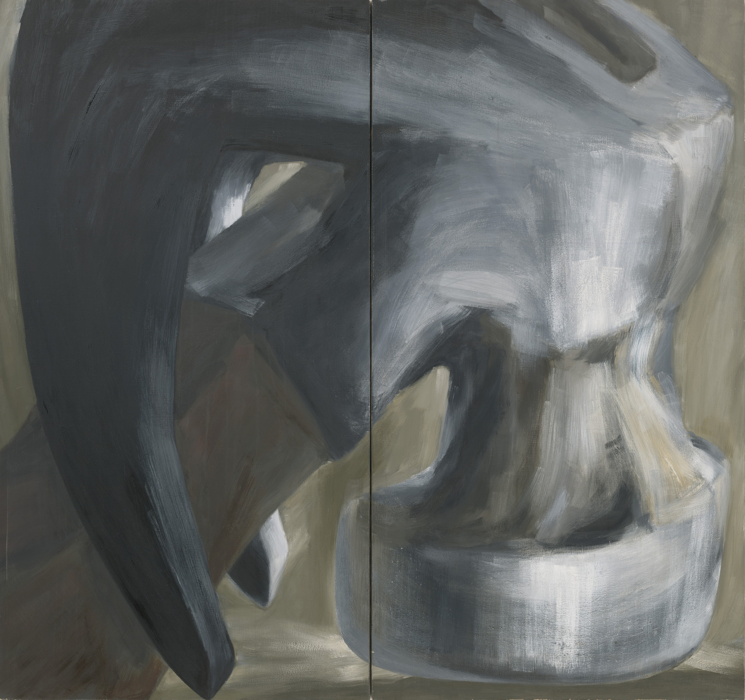 The image displays two interlocking grey and white structures set against a muted background. The forms are angular and rounded, with visible brushstrokes highlighting shading and texture. This is an AI generated description. To give feedback, email ai@moma.org.
