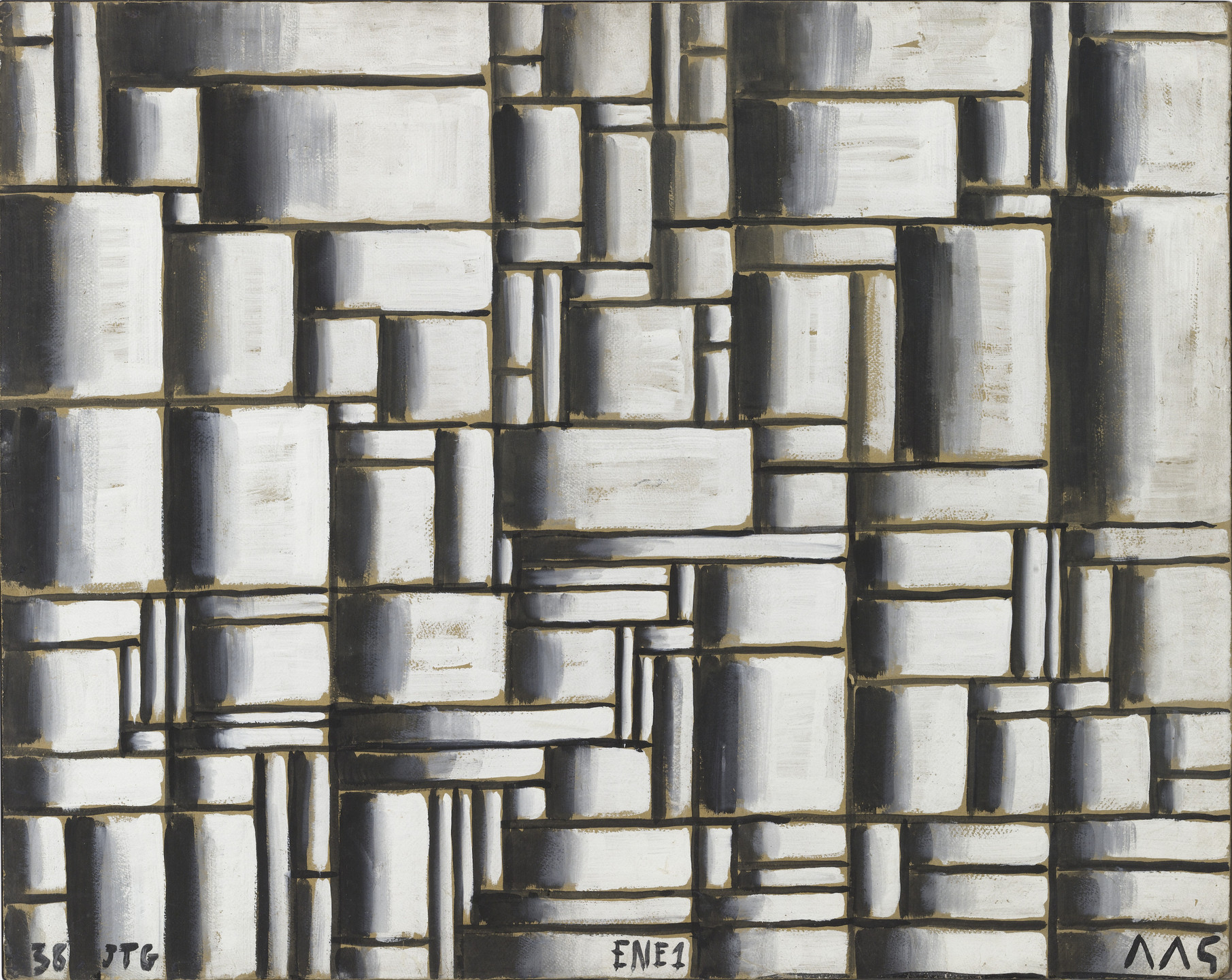 The image consists of overlapping rectangular and square shapes in various shades of white, gray, and black, divided by thin dark lines. The overall effect resembles a geometric mosaic pattern. This is an AI generated description. To give feedback, email ai@moma.org.