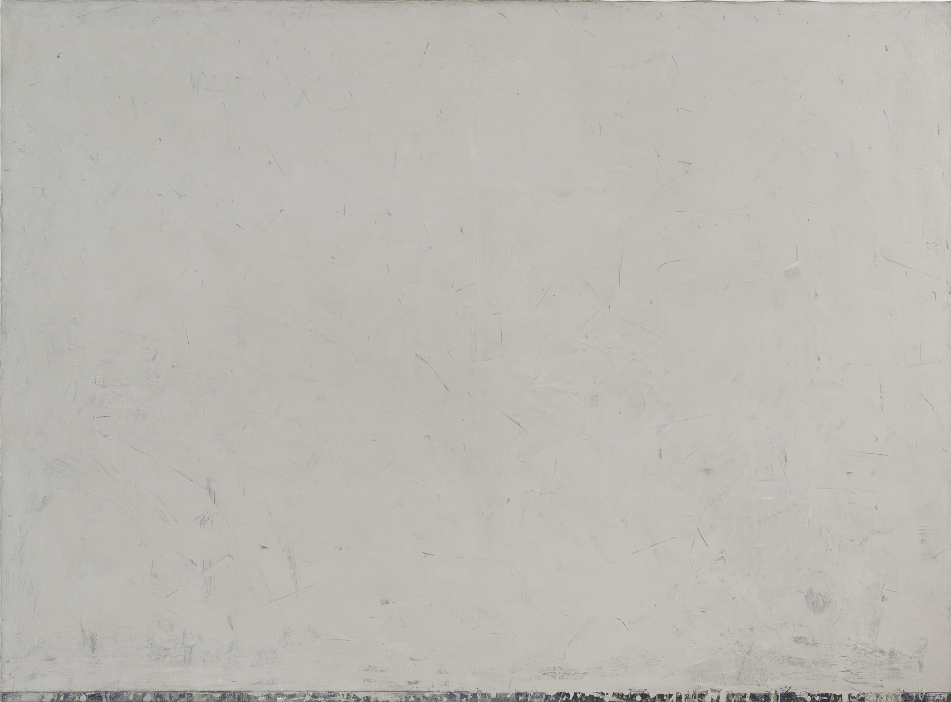 The image shows a canvas with a textured surface in shades of off-white and light gray. The bottom edge has darker, irregular brush strokes in black and gray. This is an AI generated description. To give feedback, email ai@moma.org.