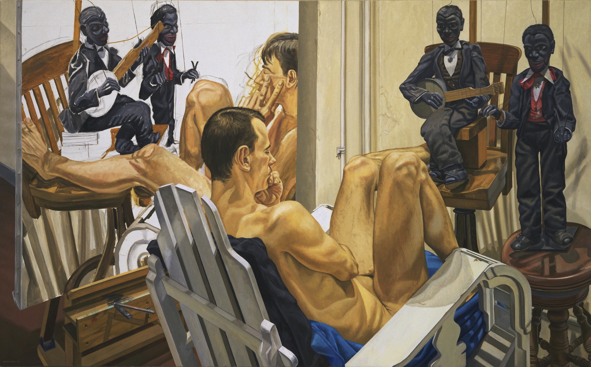 Philip Pearlstein. Male Model, Minstrel Marionettes, and Unfinished Painting. 1994